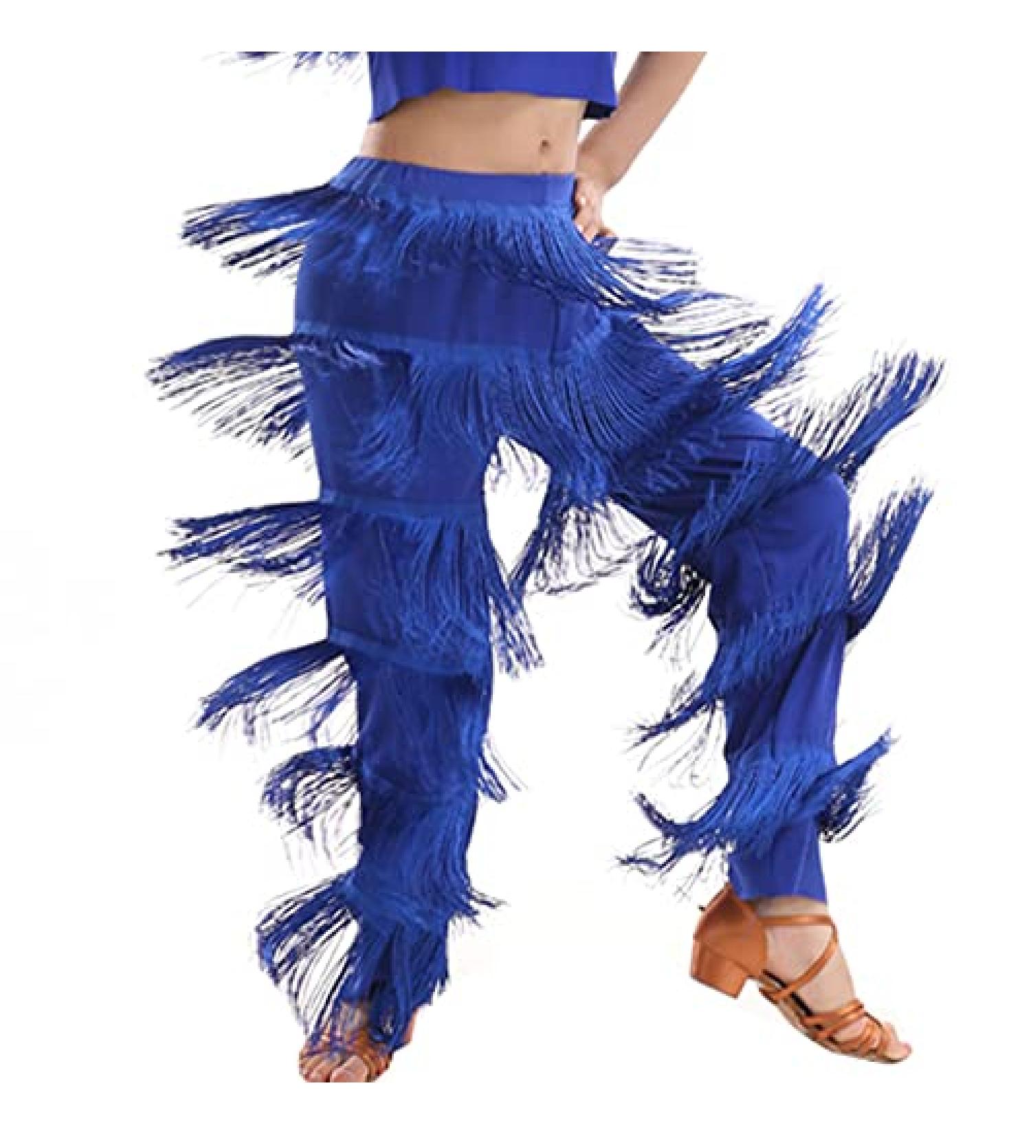 Libaobaoyo Girls Blue Tassel Dance Pants | Latin Ballroom Salsa Tango Fringe Trousers | Size 3-4T - Buy Online on GoSupps.com