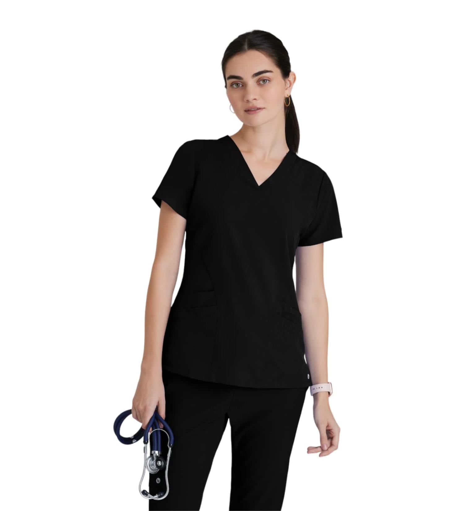 BARCO ONE Women's Pulse Scrub Top Sporty V-Neck Medical Top w/ 4-Way Stretch & 5 Pockets Small Black - Buy Online on GoSupps.com