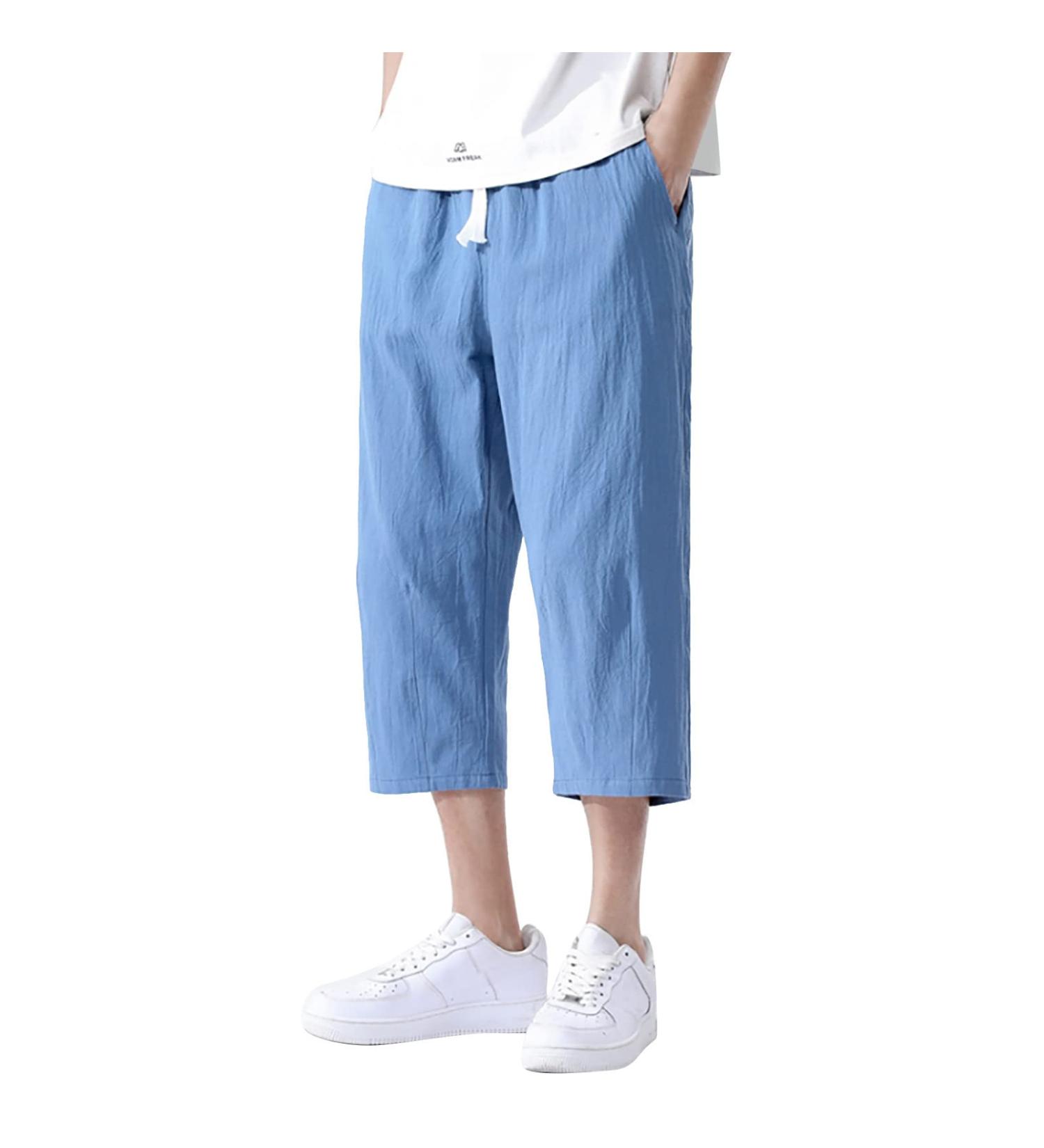 CEWIFO Men's 3/4 Casual Shorts | Elastic Waist Wide Leg Bermuda Pants - Lightweight Cotton Yoga & Beach Wear - A1-Blue XXL - Buy Online on GoSupps.com