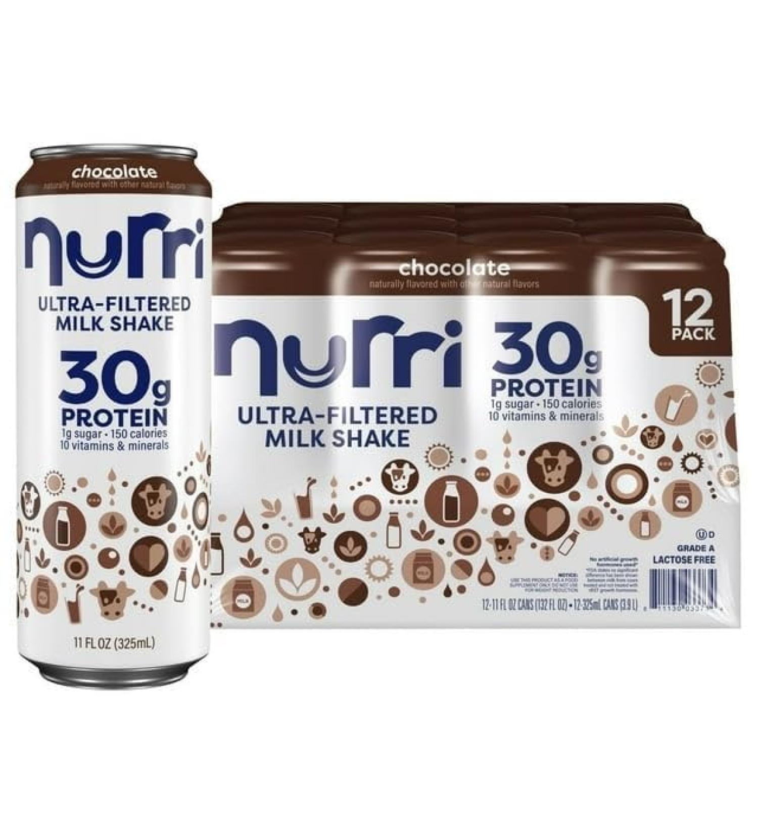 Nurri 12-Pack Ulta Filtered Milk Shake 30g Protein 1g Sugar 150 Calories 10 Vitamins and Minerals Per Can | 12-11 Fl Oz Cans Per Package Grade A Lactose Free (12 Pack Chocolate) - Buy Online on GoSupps.com