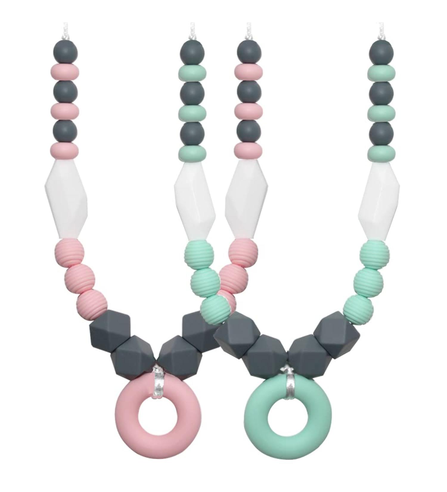 Cute Donut Chew Necklaces for Sensory Kids - 2 Pack, 100% Silicone Teething Necklace for Baby Girl with Autism, ADHD, SPD - Oral Motor Therapy Toy - Buy Online on GoSupps.com