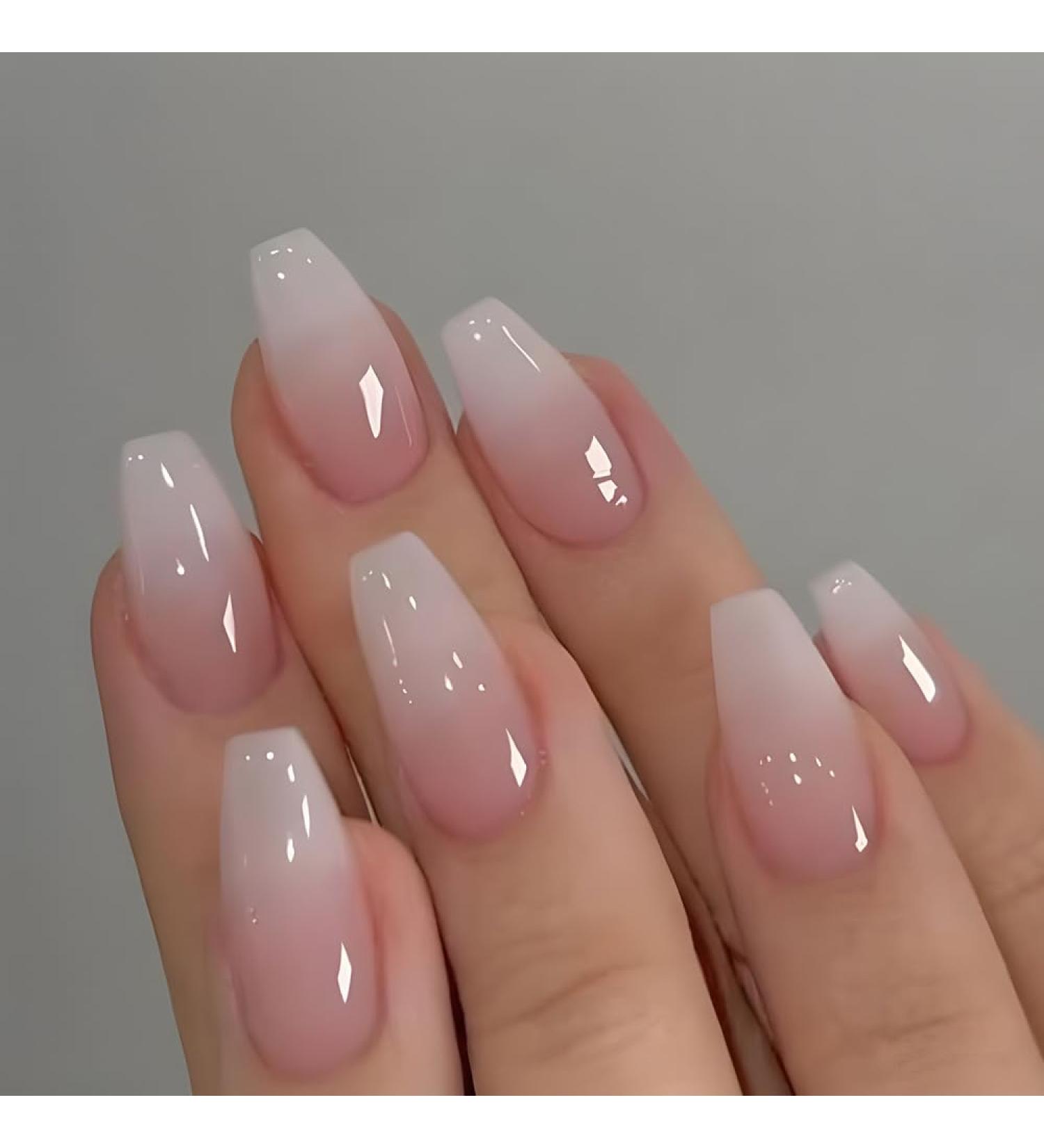 Shop Mouyouglow Short Press On Nails - Ballerina Pink Gradient White Glossy Fake Nails with Glue | Ombre Artificial Fingernails AS3 - International Shipping Available - Buy Online on GoSupps.com