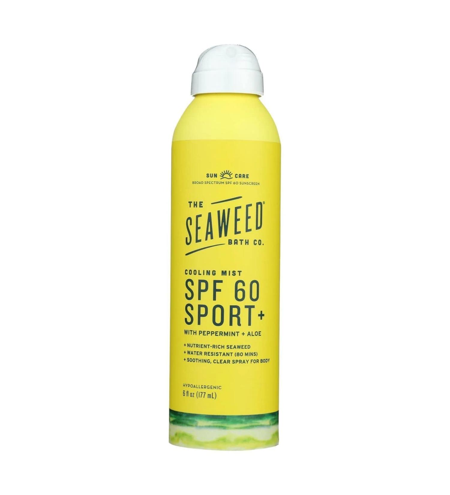 The Seaweed Bath Co. Cooling Mist SPF 60 Sport Broad Spectrum Sunscreen Spray  6 Ounce  Nutrient-Rich Seaweed  Peppermint  Aloe  Avocado Oil  Vegan  Paraben Free