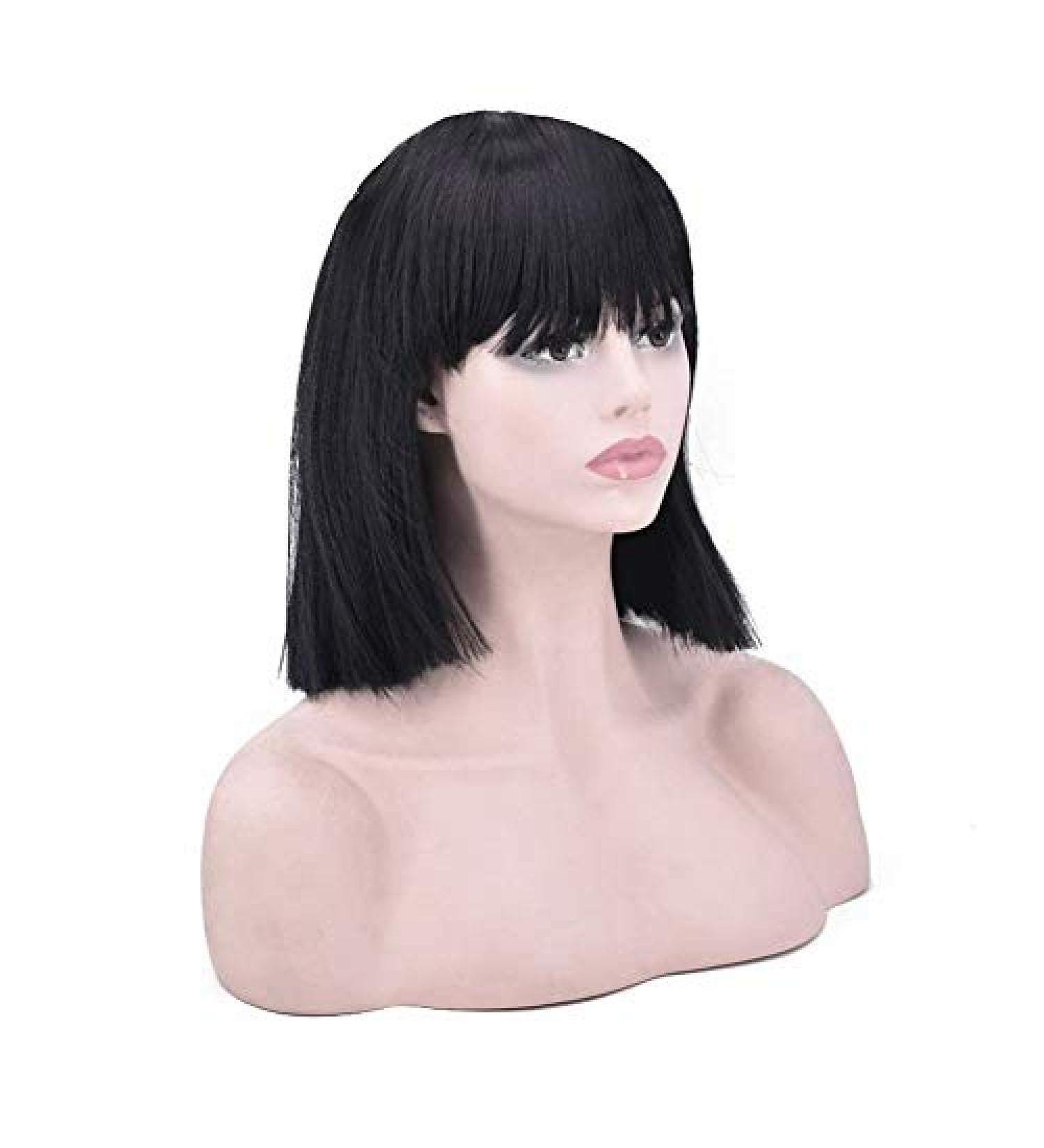 Shop BGHJUE Short Bob Black Wig for Women - Straight Synthetic Wig with Bangs | 25cm Realistic Hair - Buy Online on GoSupps.com