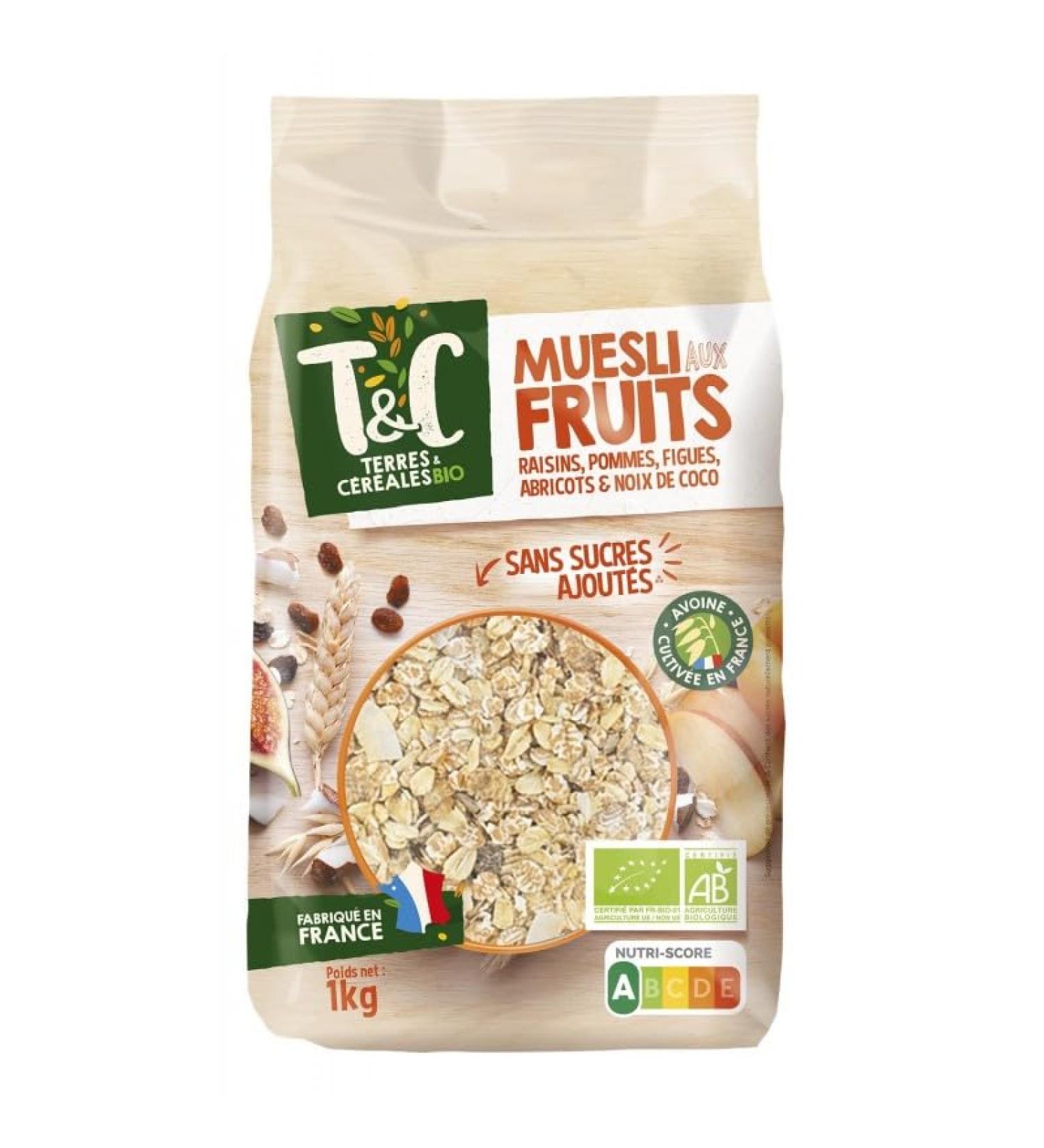 TERRES ET CEREALES Muesli Bio aux Fruits 1Kg nergie naturelle et saveurs authentiques au petit-d jeuner- Lot De 3