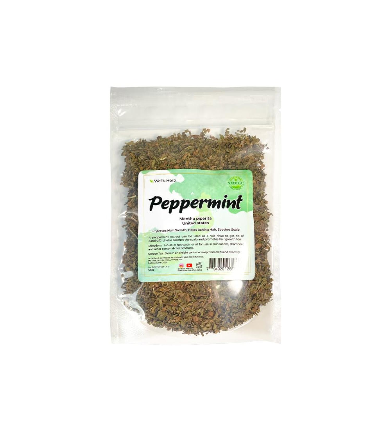 Well's Herb Dried Peppermint| 1.3 oz. | 100% Natural | Perfect for Herbal-Infused Hair Oil | For Hair & Skin Oil DIY | Peppermint Herb.