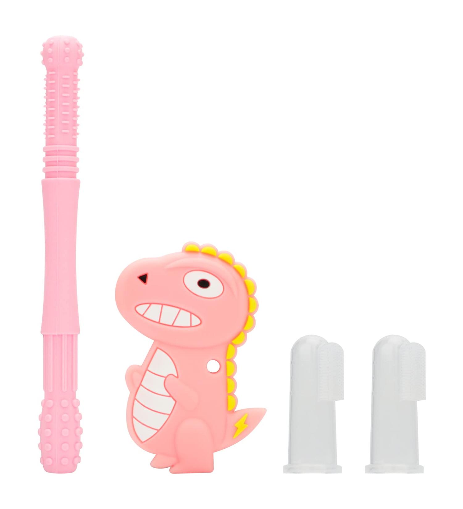 Baby Teething Tubes Toys for Newborn Infants Silicone Baby Teether Toy Tube for 3-6 Months BPA Free Dinosaur Teether with 2Pcs Finger Toothbrush Boys & Girls (Pink) - Buy Online on GoSupps.com