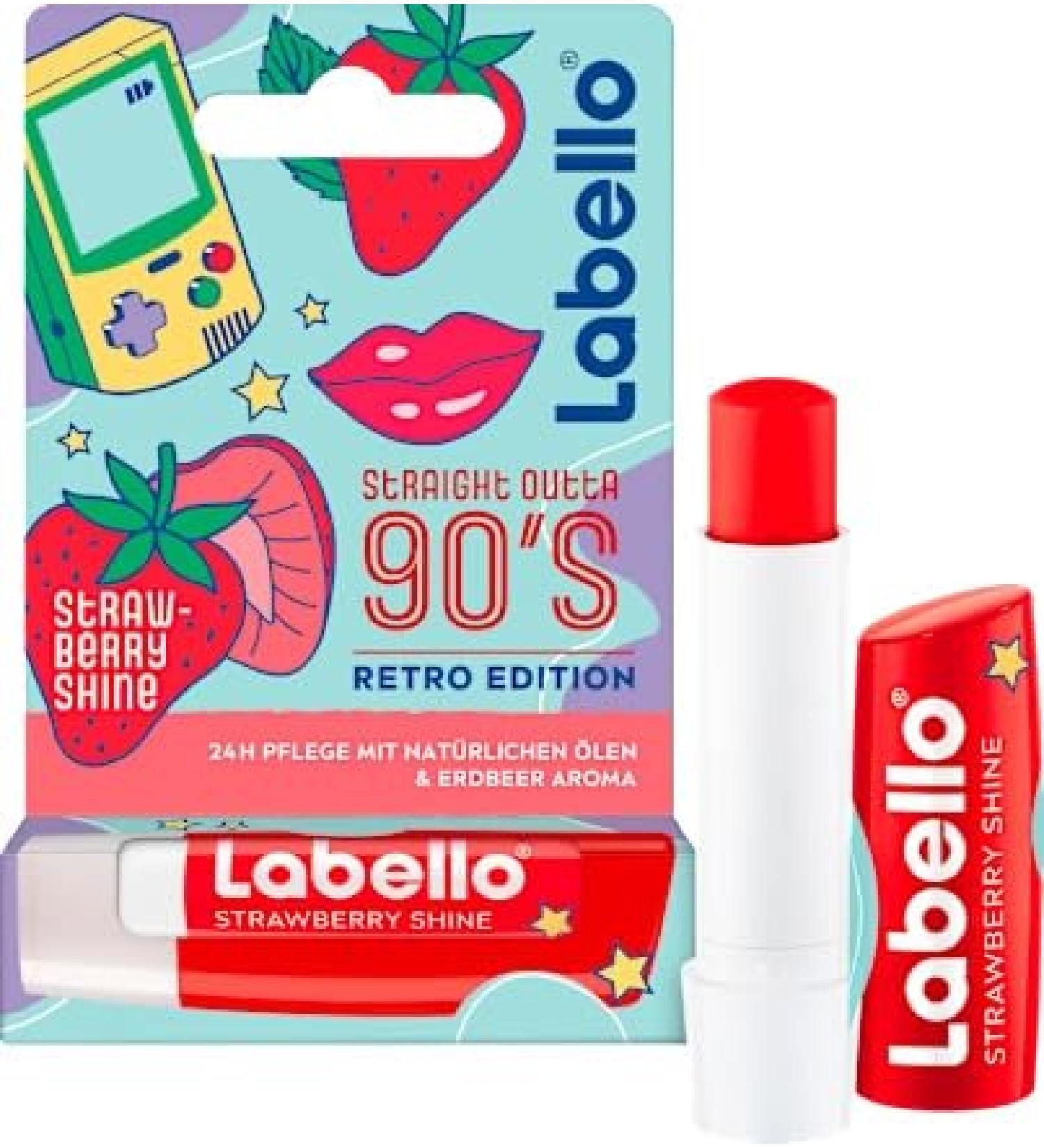 Labello Labello Strawberry Shine Straight Outta 90's Retro Edition - Lip balm scented with natural oils and strawberry aroma - Nourishing lip balm with delicate shine (4.8 g)