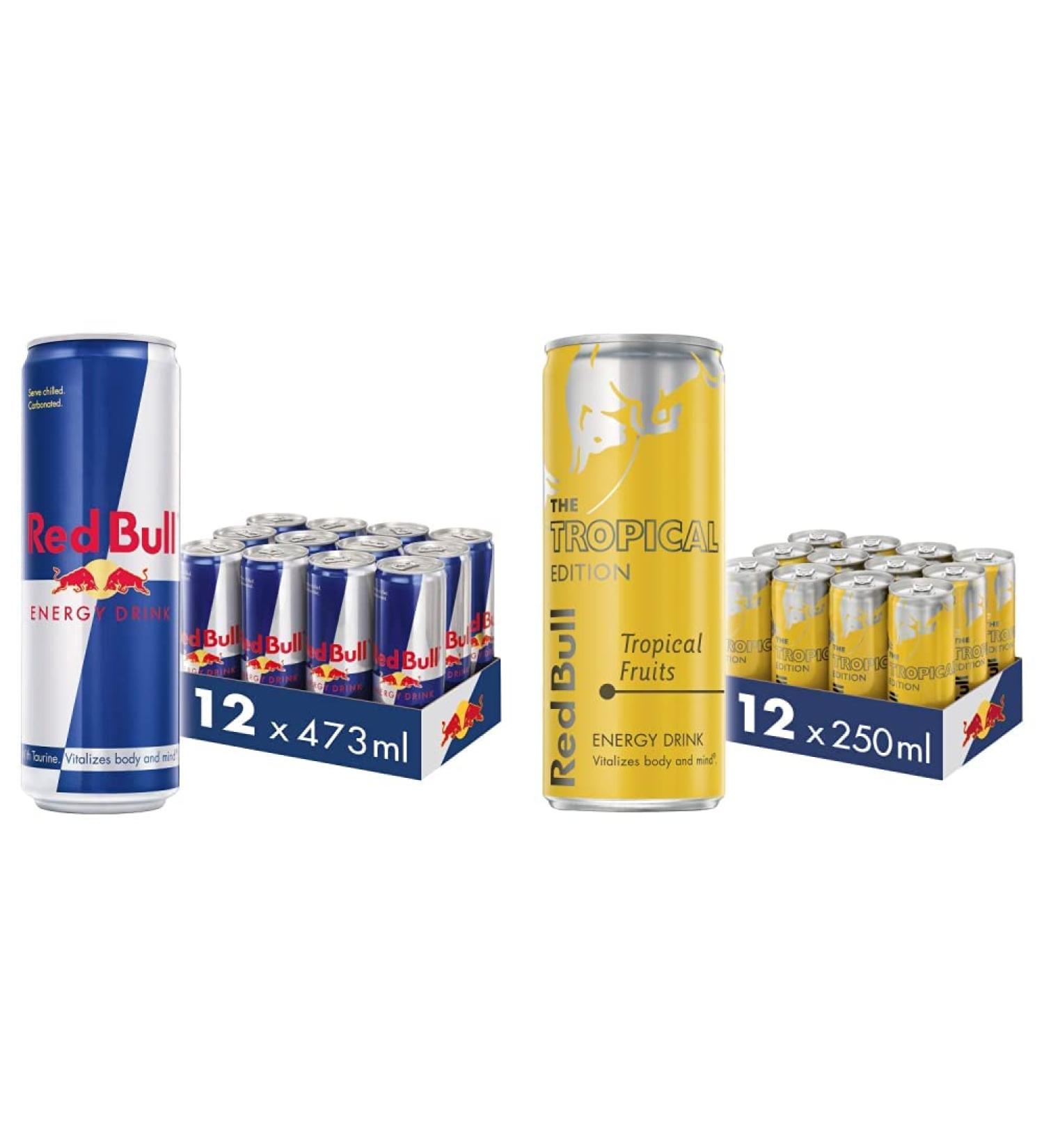 Red Bull Energy Drink 473ml x 12 & Energy Drink Tropical Edition 250ml x 12 + Energy Drink - Buy Online on GoSupps.com