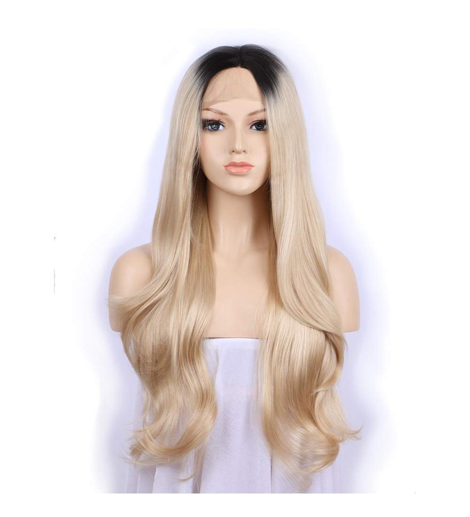 SHIYID Platinum Blonde Wig with Dark Roots | Long Wavy Front Lace Synthetic Wig for Women High Temperature Fiber - Buy Online on GoSupps.com