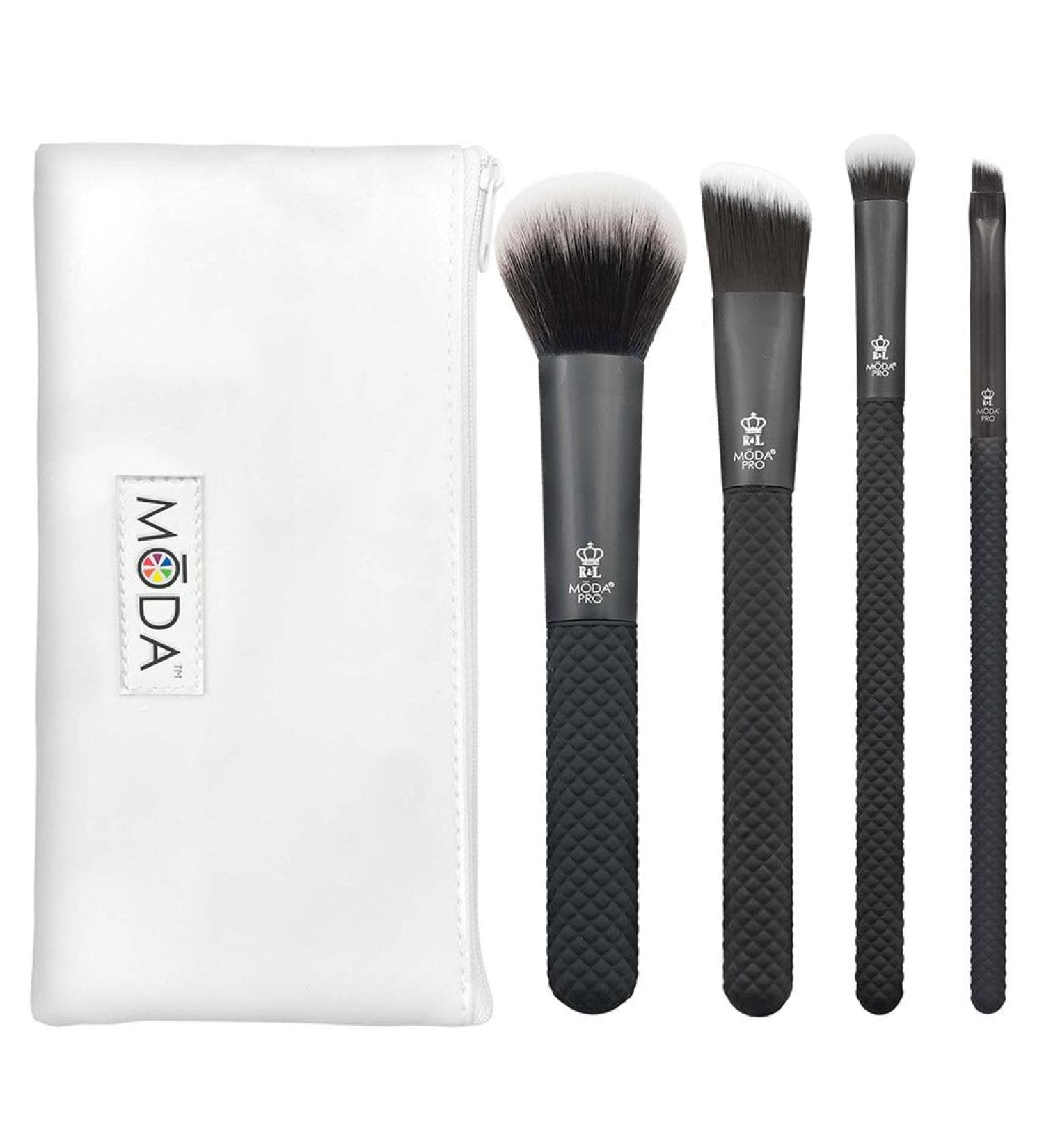 MODA Royal & Langnickel Pro Full Size Everyday 5pc Makeup Brush Set with Pouch Includes - Multi-Purpose Powder Angle Foundation Domed Shadow and Angle Eyeliner Brushes Black - Buy Online on GoSupps.com