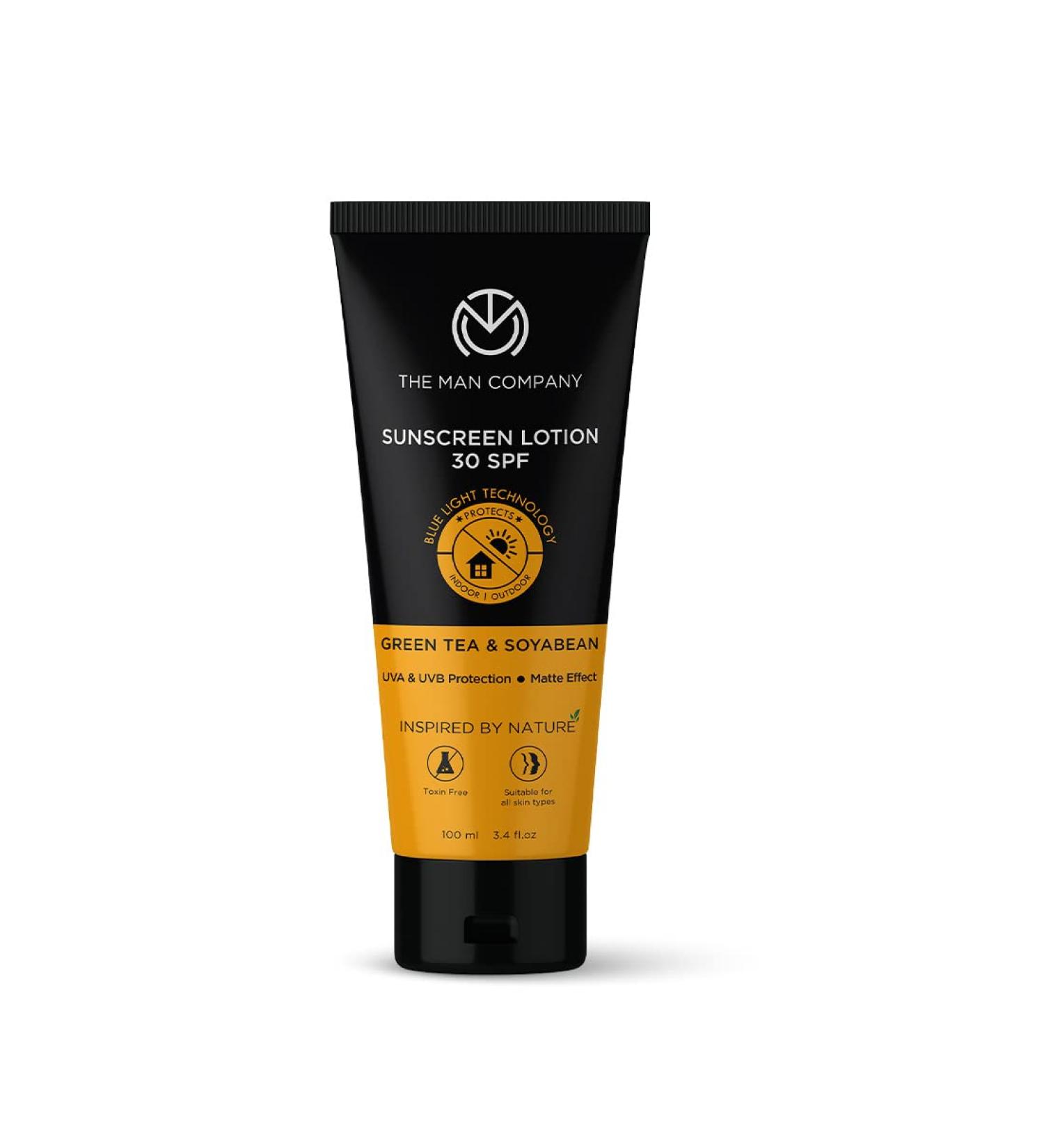 The Man Company Sunscreen Lotion Spf 30 For Men 100Ml Light Weight Infused With Green Tea Soyabean Blue Light Technology Broad Spectrum Pa +++ Uva Uvb Protection Matte Effect Toxin-Free - Buy Online on GoSupps.com