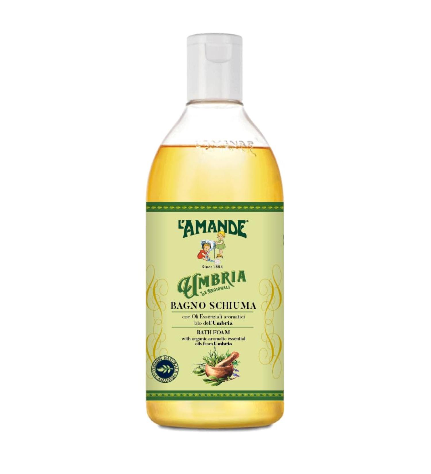 L'Amande L'AMANDE - Bubble bath for men and women with organic aromatic essential oils from Umbria cleansing gel and moisturizing body - Delicate and natural foam bath with dermatological pH 500 ml