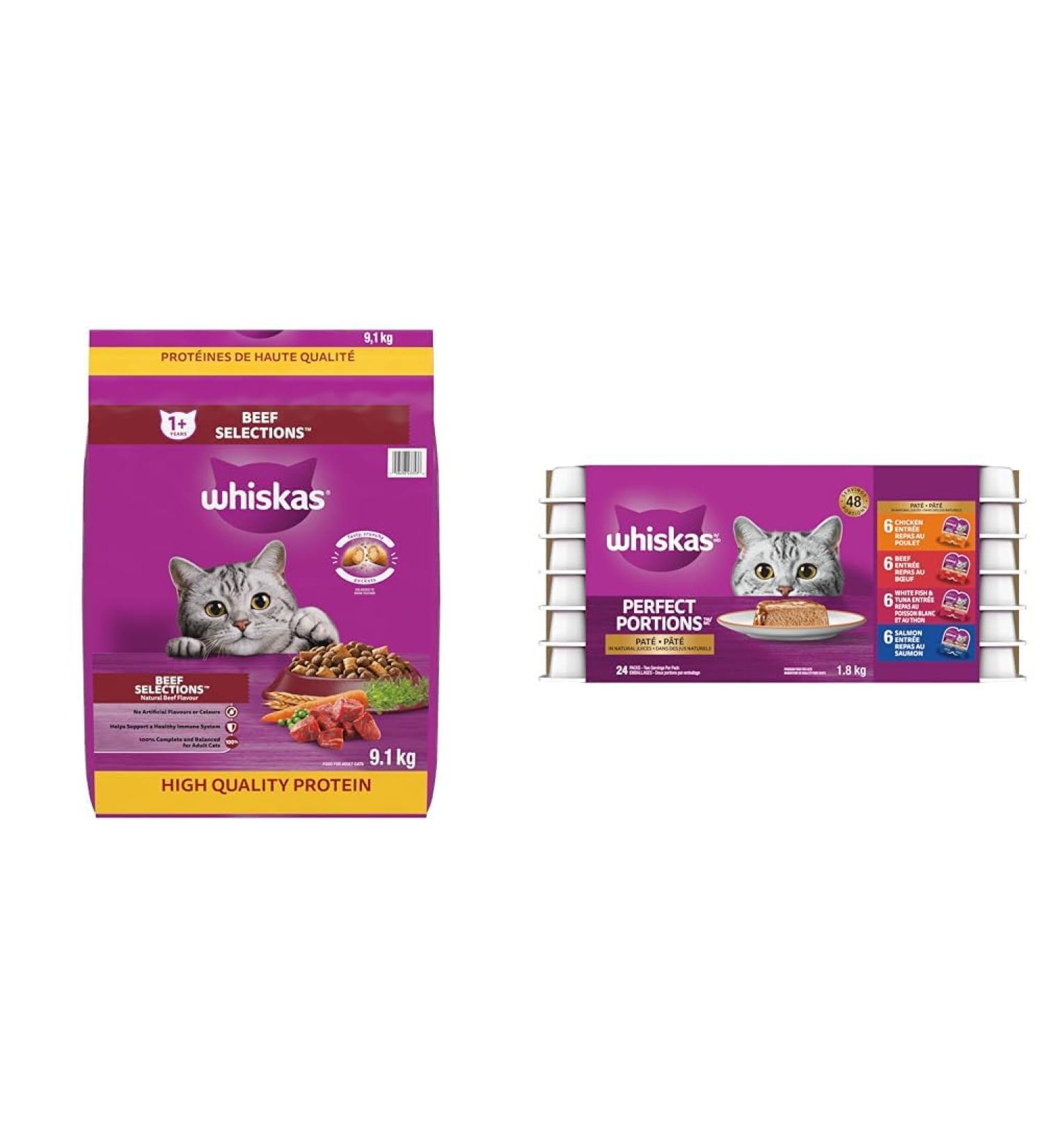 WHISKAS Adult Dry Cat Food - Beef Selections Flavour 9.1kg Bag & Perfect Portions Adult Wet Cat Food - Chicken Beef Whitefish and Tuna Salmon 75g Trays (24 Pack) - Buy Online on GoSupps.com