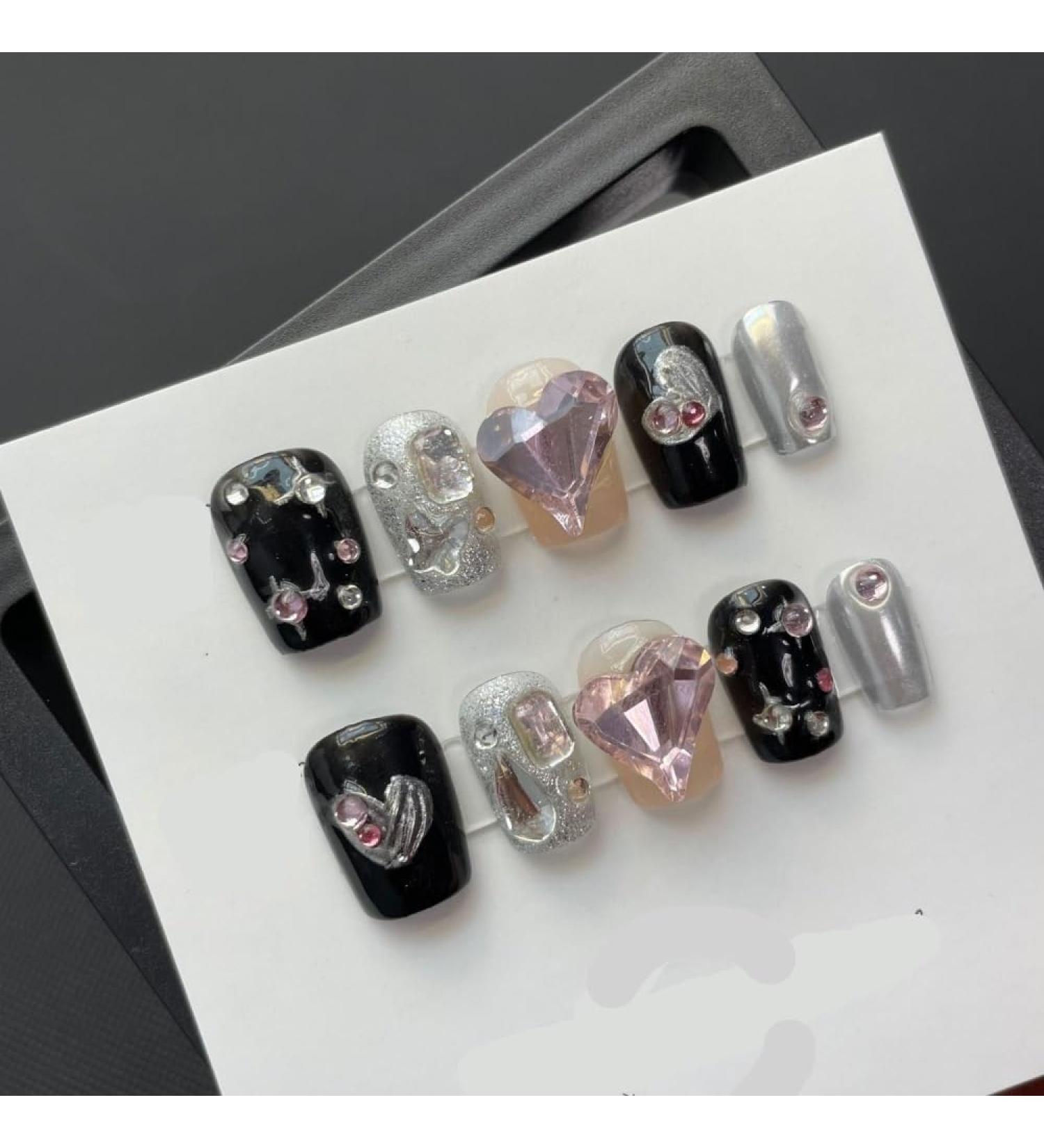 Black long Nails Handmade Press on Nail Short Square Solid Fake Nail Tips Gentle Flowers Design Art(Black Ultra Short XS)