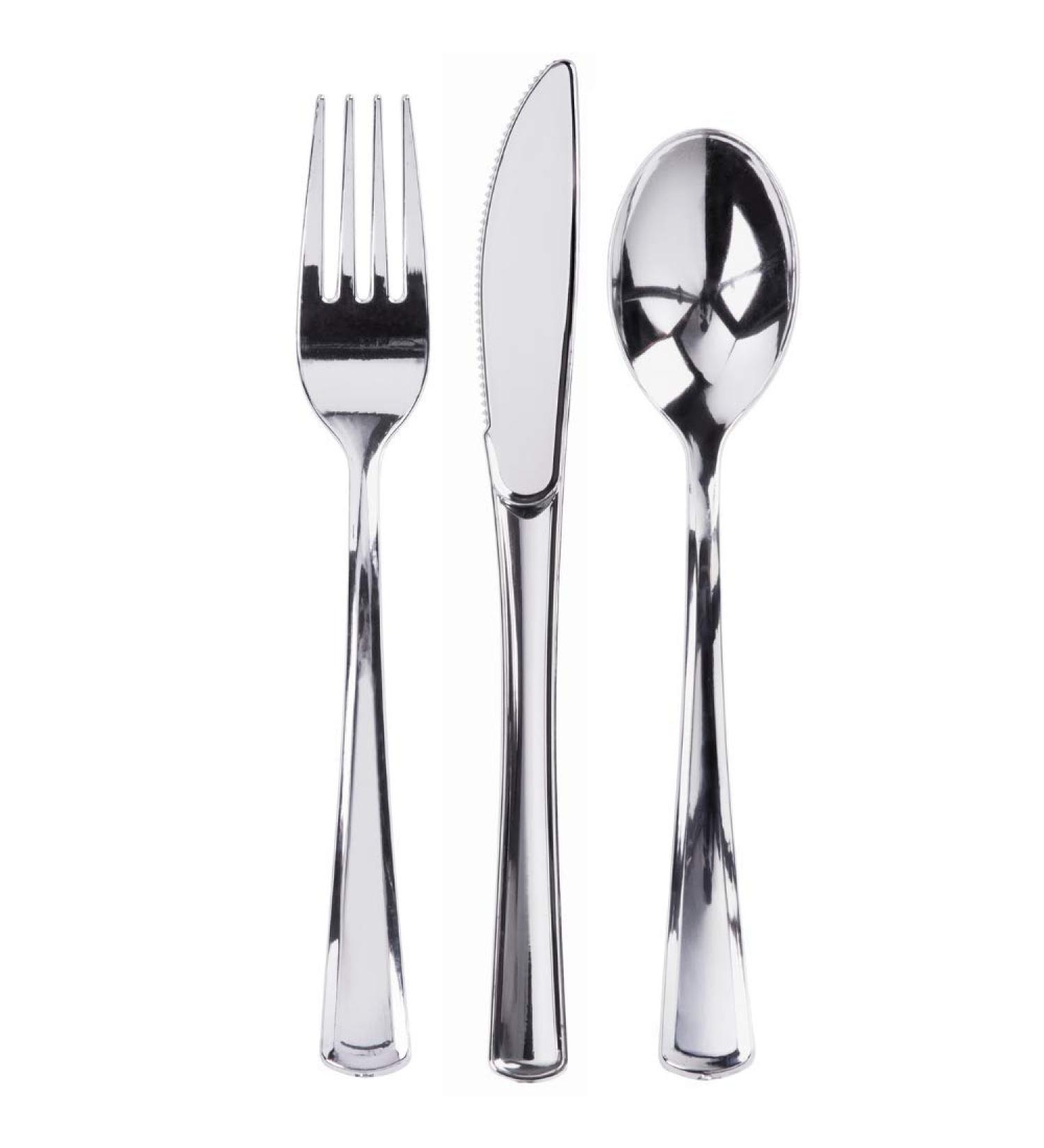 300 Plastic Silverware Set - Disposable Cutlery Utensils - Heavy Duty Bulk Flatware Set Silver - 100 Forks, 100 Spoons, 100 Knives - Buy Online on GoSupps.com