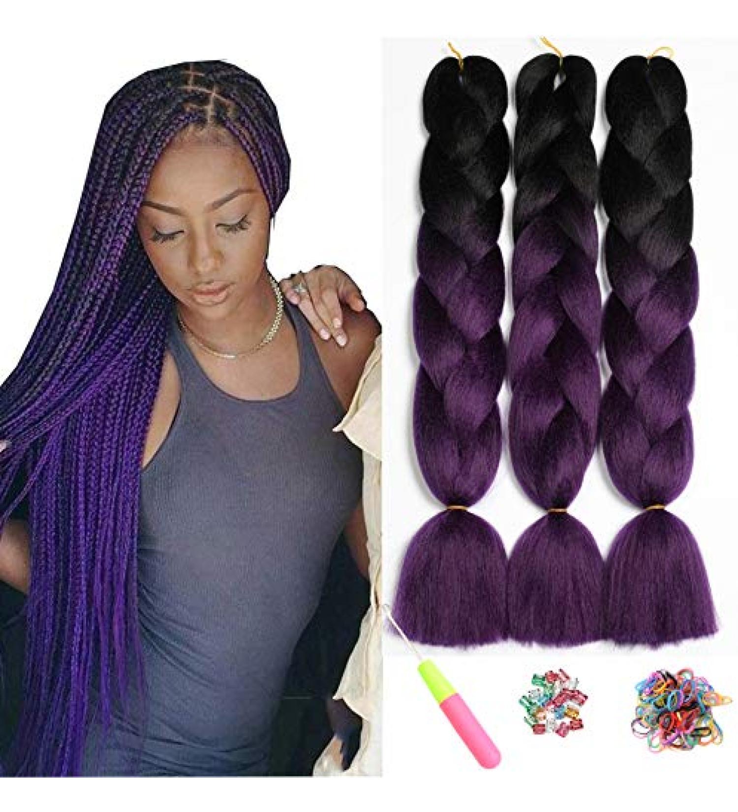 Showjarlly Kanecalon Hair Extensions - Ombre Jumbo Braid in Black/Purple - 24 Inch Kanecalon Braids (3 Pack) for Stunning Box Braids - Buy Online on GoSupps.com