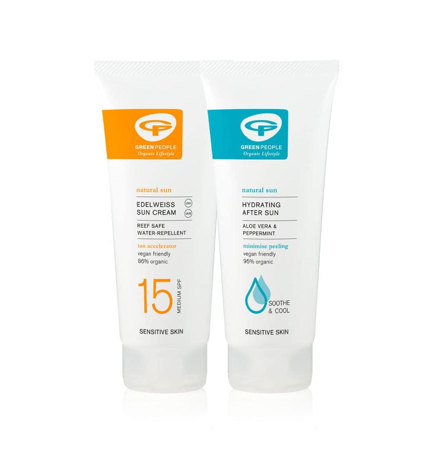 Green People Edelweiss SPF15 Sun Cream & After Sun Bundle 2 x 200ml | Natural Organic Sunscreen with Tan Accelerator | Sensitive Skin | Non Comedogenic Non Greasy | Reef Safe Cruelty Free 200 g (Pack of 2) - Buy Online on GoSupps.com