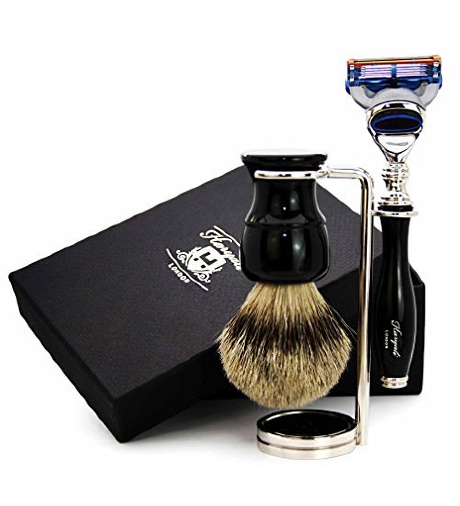 3 Pc Men's Shaving Kit | 5 Edge Razor Silver Tip Badger Hair Brush & Stainless Steel Stand - Perfect Grooming Set - Buy Online on GoSupps.com