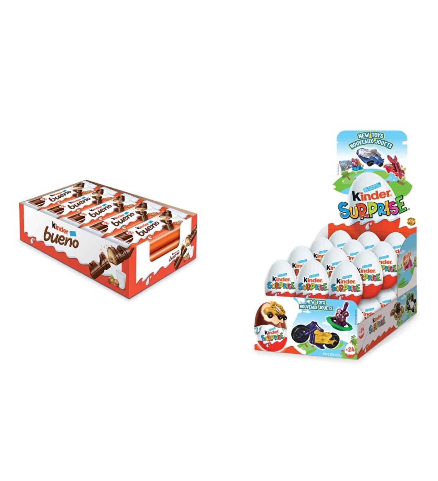 Kinder Bueno Milk Chocolate and Hazelnut Cream Candy Bars 20 Packs 2 Individually Wrapped Bars Per Pack (20 x 43g) & Surprise Milk Chocolate Eggs with Toys Classic 24 Pack 480 grams (20gx24) - Buy Online on GoSupps.com