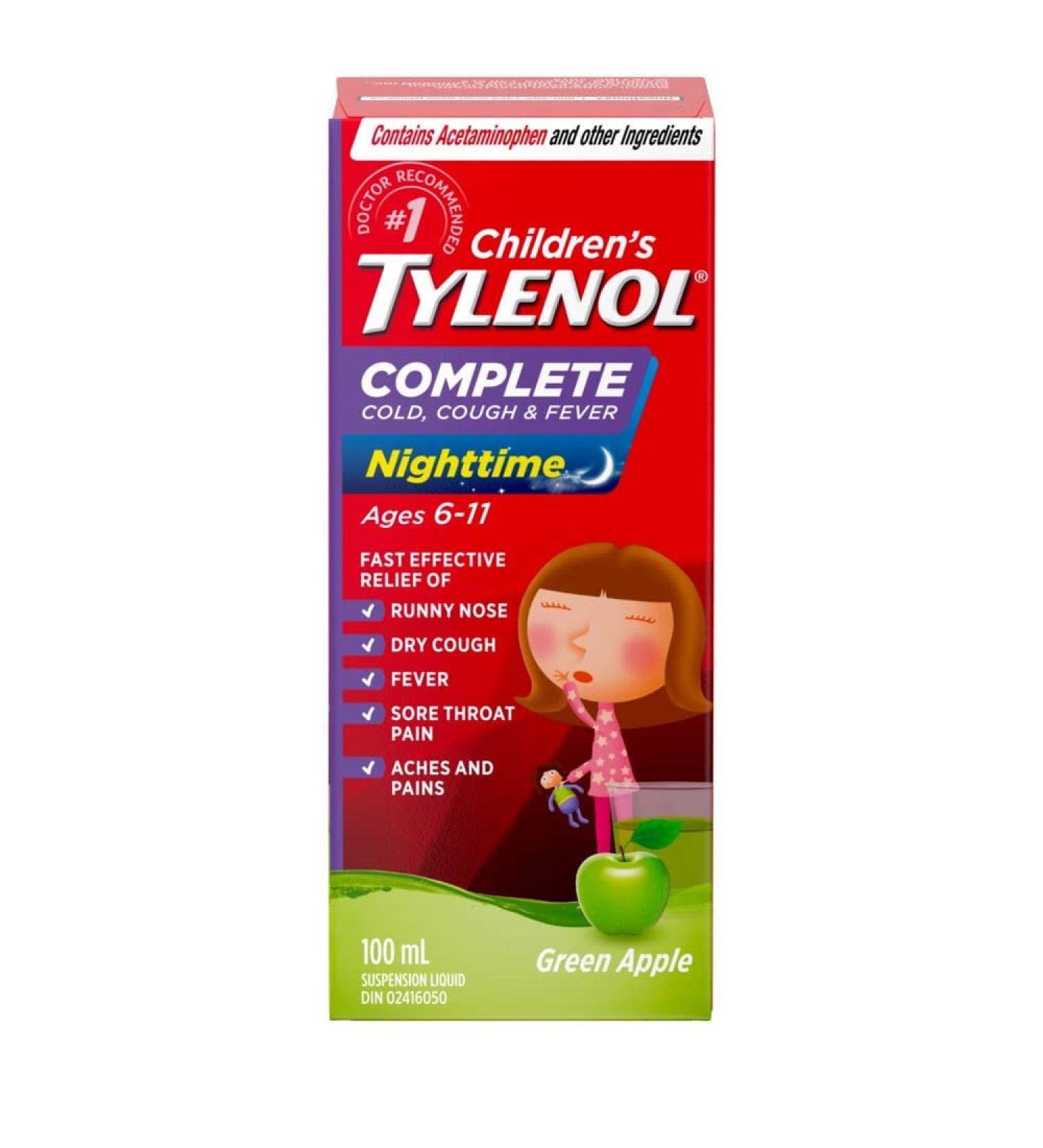 TYLENOL Children s Complete Cold Cough & Fever Suspension Liquid Nighttime Relieves Cough Cold & Fever symptoms 100mL Green Apple Flavour For ages 6-11yrs - Buy Online on GoSupps.com