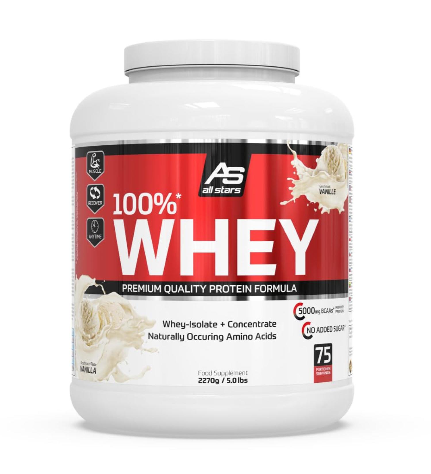All Stars 100% Whey Protein 2270g - Premium Vanilla Powder | Low-Fat High-Quality Whey Concentrate & Isolate for Creamy Protein Shakes | International Shipping Available - Buy Online on GoSupps.com