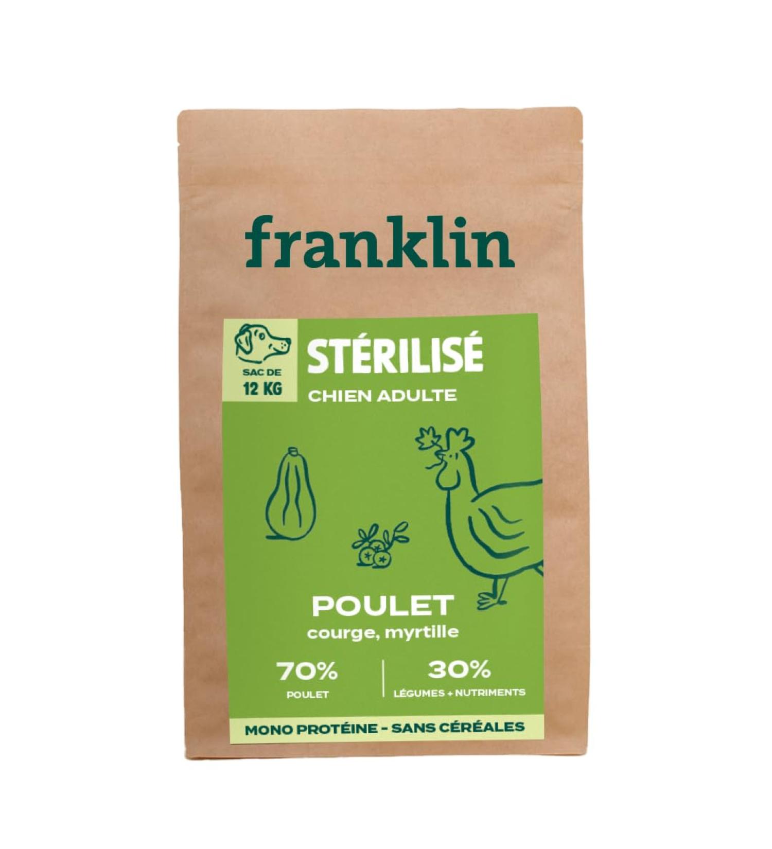Franklin Sterilized Dog Food Protein Range with 70% Chicken Mono-protein Cereal-Free Round Shape 13 mm 12 kg - Buy Online on GoSupps.com