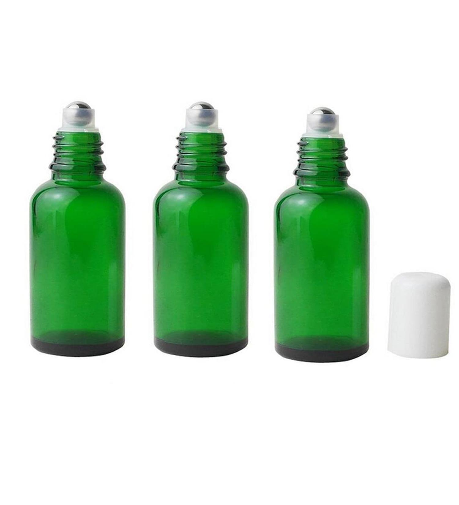 3PCs 50ml Refillable Green Glass Essential Oil Roll-On Bottles | Cosmetic Sample Packaging with Metal Roller Ball & White Cap - Perfect for Perfume & Essential Oils - Buy Online on GoSupps.com