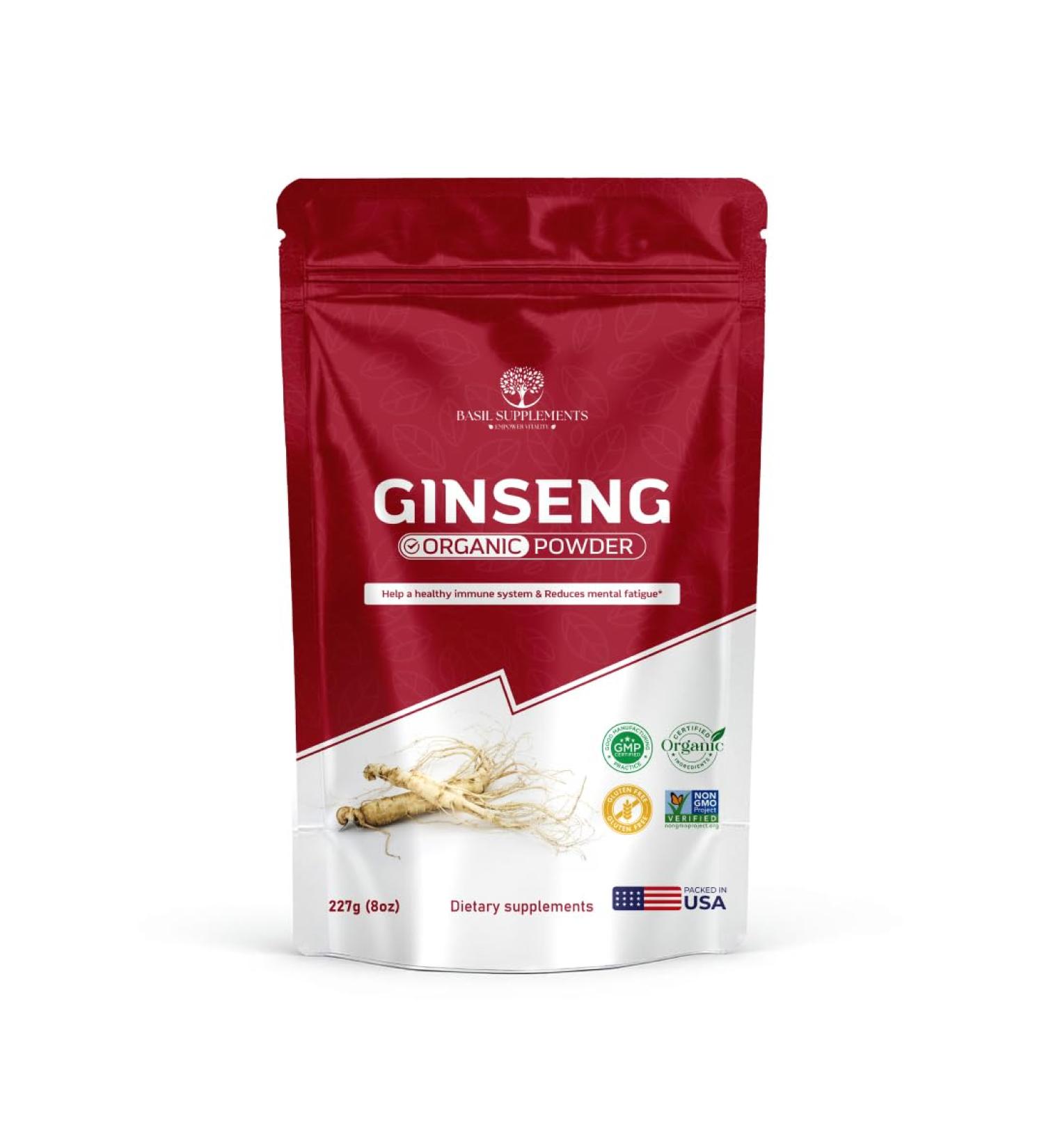 BASIL SUPPLEMENTS Organic Ginseng Powder Pure Panax Ginseng Root Powder | Natural Energy Focus & Immune Support | Korean Herbal Adaptogen | Non-GMO No Fillers Smoothie-Ready Superfood. - Buy Online on GoSupps.com