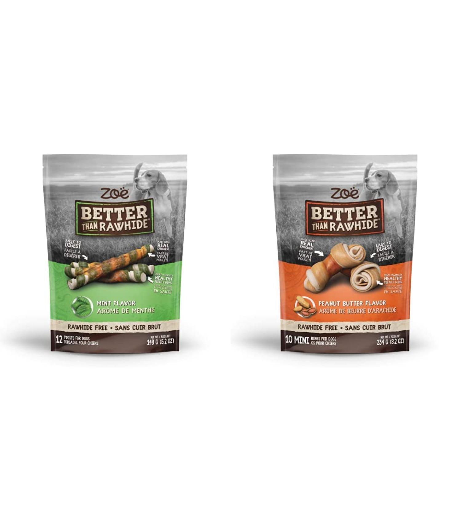 Zoe Better Than Rawhide Twists (12 Pack) and Bones (10 Pack) for Dogs | Mint & Peanut Butter Flavor