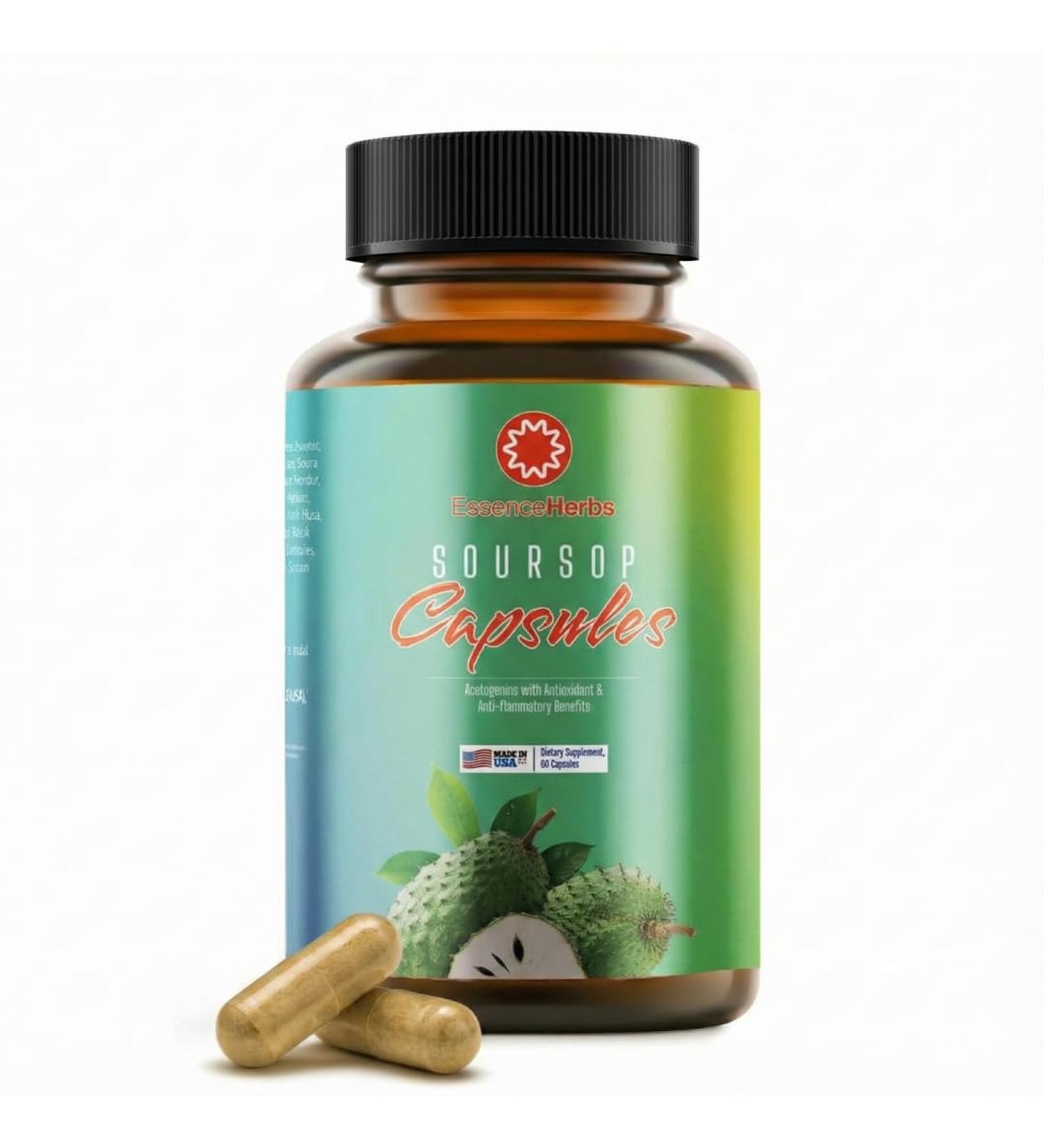 Essence Herbs Soursop Capsules 7000 mg with Black Seed Irish Moss & Moringa Gut Health & Daily Cleanse Support Non-GMO Vegan 60 Capsules - Buy Online on GoSupps.com