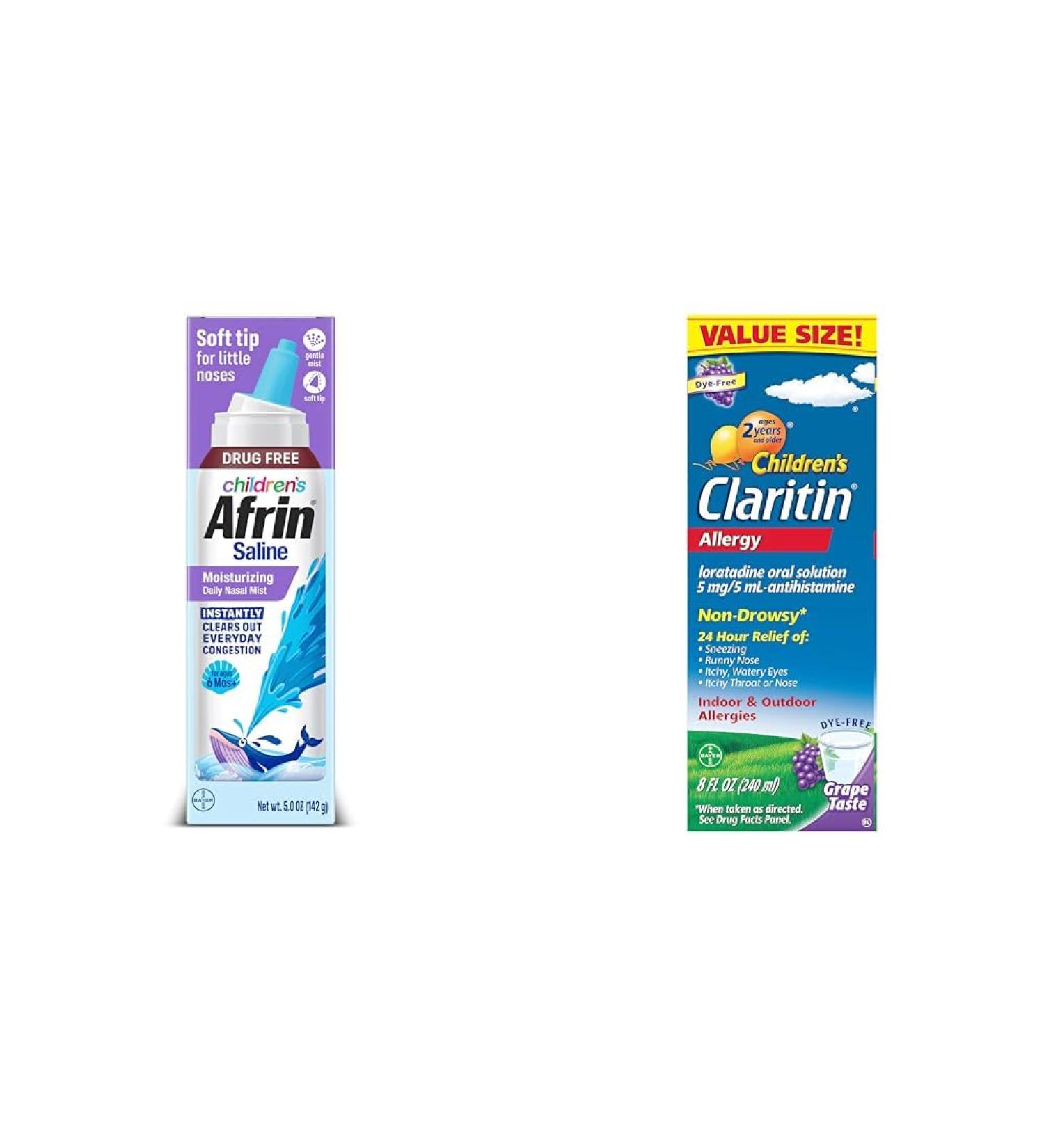 Afrin Children s Saline Moisturizing Daily Nasal Mist for Everyday Nasal Congestion and Dry Nose 5oz + Claritin Children's Allergy Medicine 24-Hour Non-Drowsy 5mg Syrup 8oz
