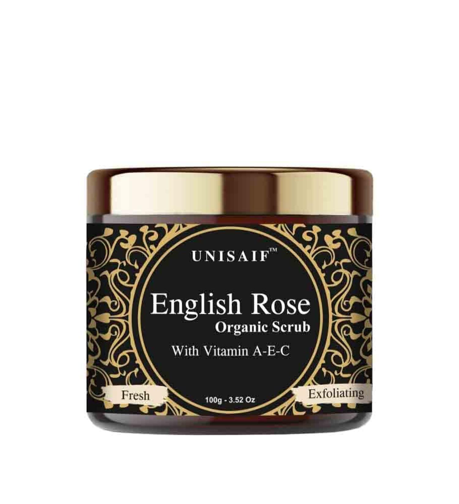 Unisaif English Rose Exfoliating Body Scrub Facial Scrub with Vitamin A E & C | Gentle Face Scrub to Detoxify and Hydrate Skin | Face Exfoliator for Deep Cleansing | Hydrating | Smoothening (100g) - Buy Online on GoSupps.com