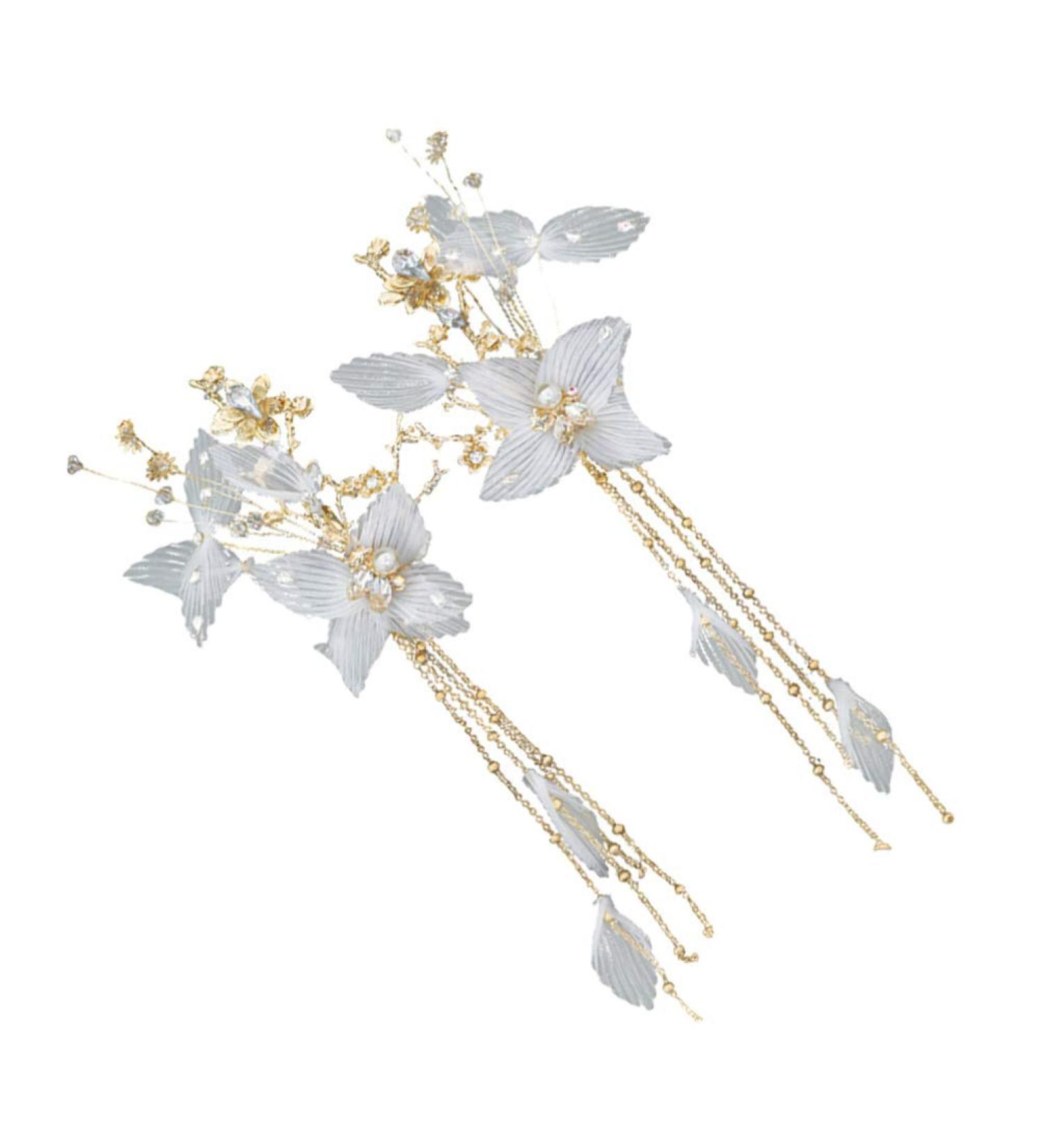 Lurrose Rhinestone Flower Hair Clips - Elegant Chinese Tassel Headwear for Women and Girls - Bridal Accessories in White (2pcs) - Buy Online on GoSupps.com