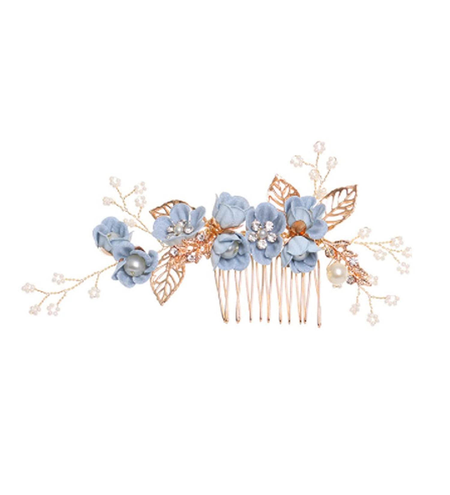 Minkissy Wedding Hair Comb - Pearl Crystal Bridal Hair Clip with Rhinestone Flower Decoration in Blue | Ideal Wedding Hair Accessory for Bride & Bridesmaids - Buy Online on GoSupps.com