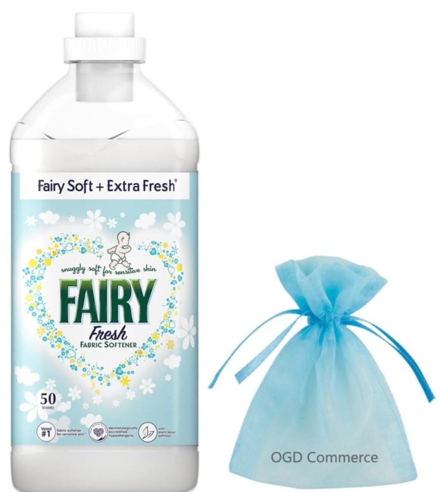 Fairy Fresh Fabric Conditioner Snuggly Soft for Sensitive Skin 50Washes 1.75L Fabrics Softener with plant Based Softness & Extra Fresh Scent 1Pk + Our Gift for You: Organza Small Bag - Buy Online on GoSupps.com