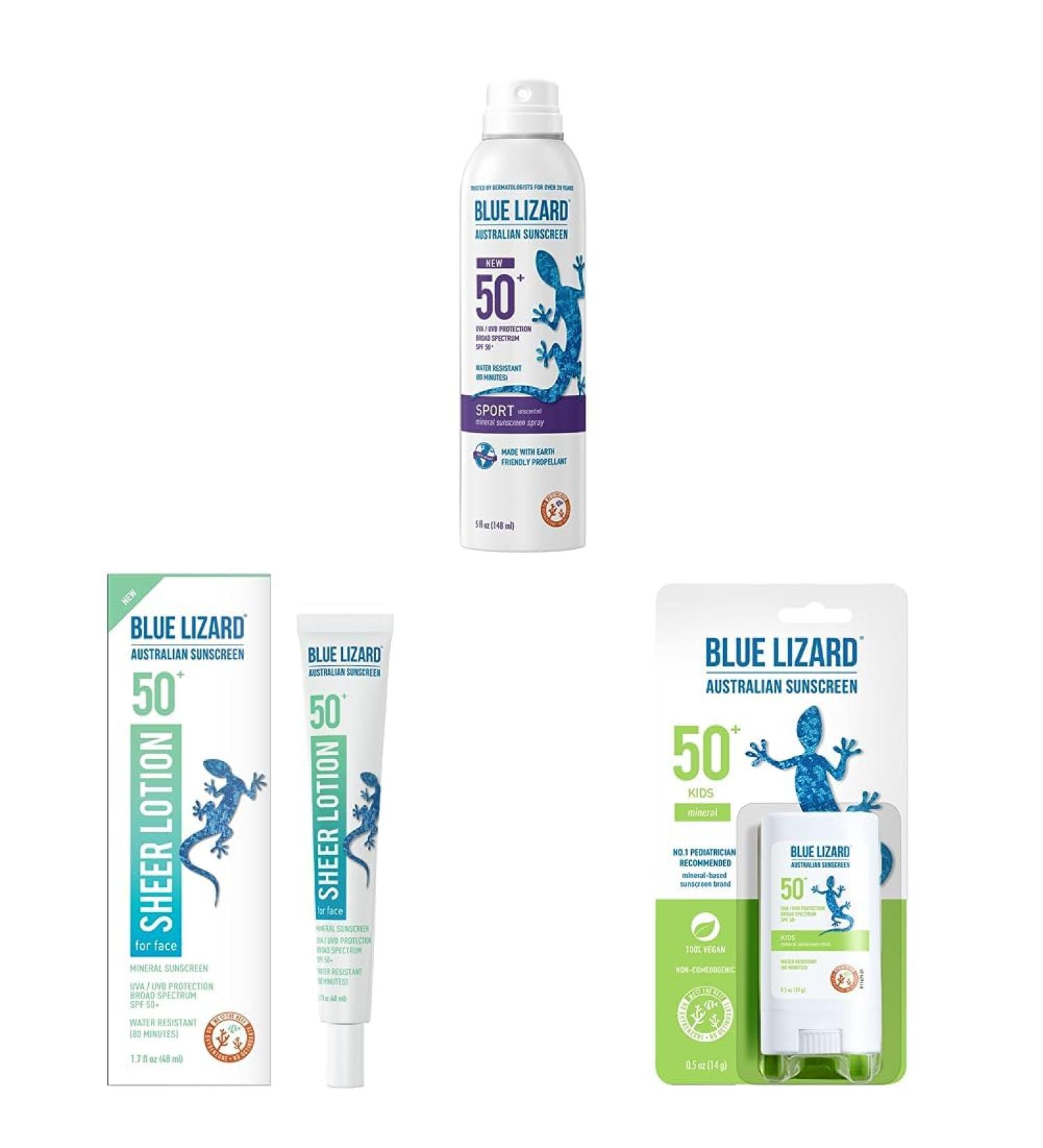 BLUE LIZARD Sport Spray Sunscreen SPF 50+ 5 Fl Oz & Sheer Face Lotion - SPF 50+ 1.7 Oz & Mineral Sunscreen Stick 0.5 oz - Buy Online on GoSupps.com