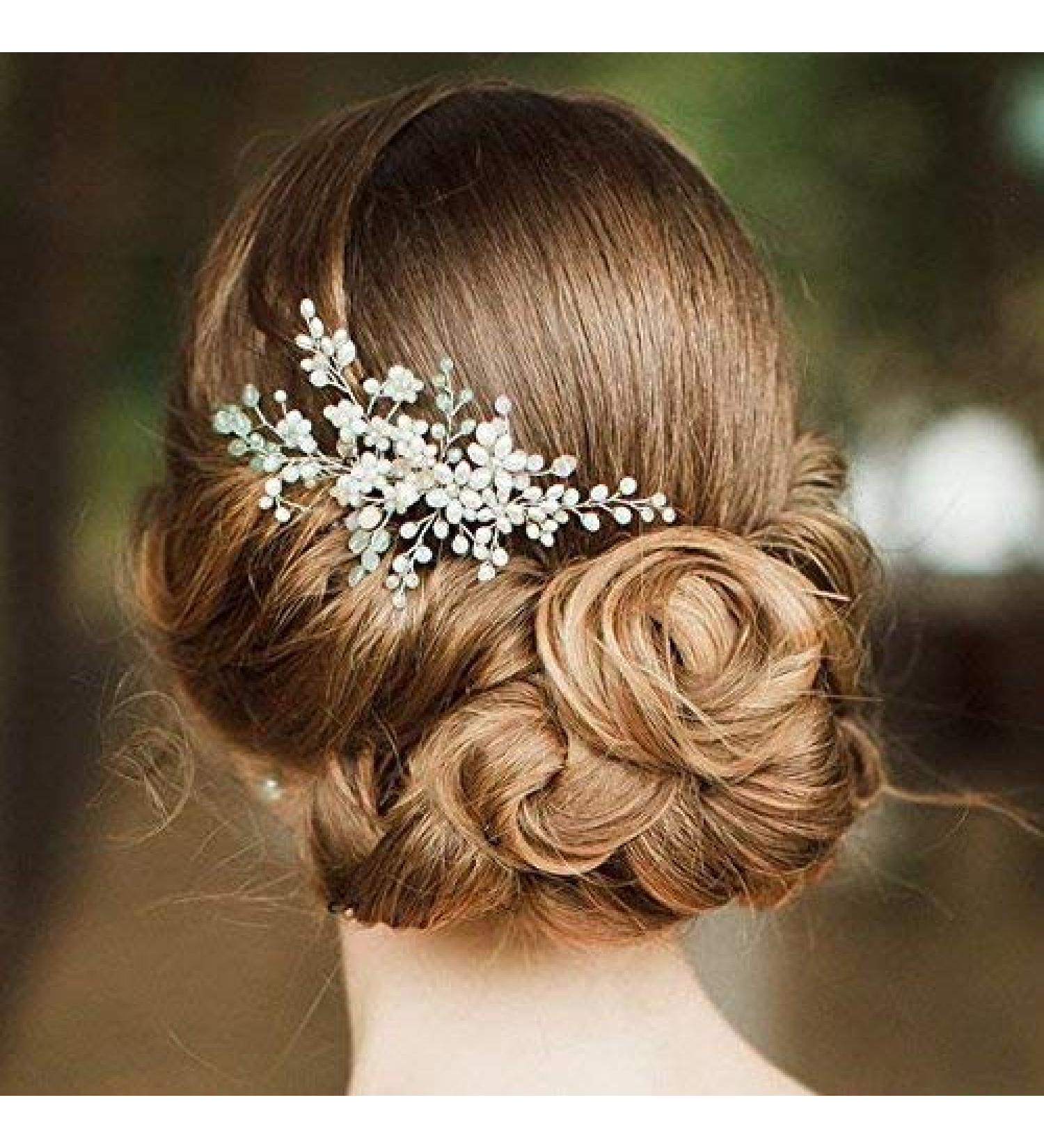 Kercisbeauty Wedding Bridal Bridesmaids Flower Girl Mint Green Crystal Comb Bridal Hair Comb Headpiece Long Curly Bun Hair Accessories Rustic Vintage (Silver)