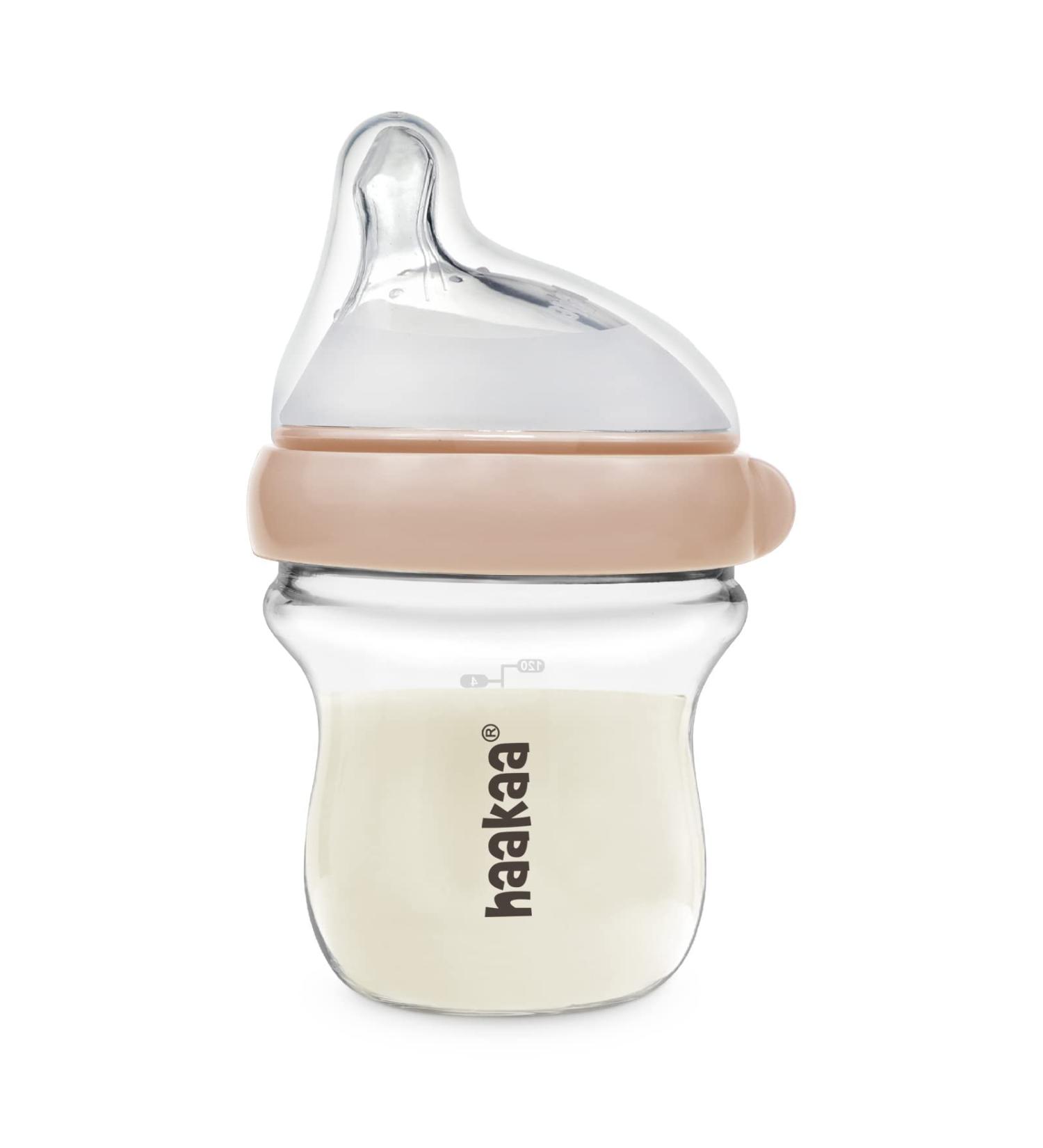 Haakaa Gen.3 Natural Glass Baby Bottle 4.2oz - Anti-Colic Nipple, Easy to Clean, BPA Free | 0M+ Breastfed Babies | Peach 4oz - Buy Online on GoSupps.com