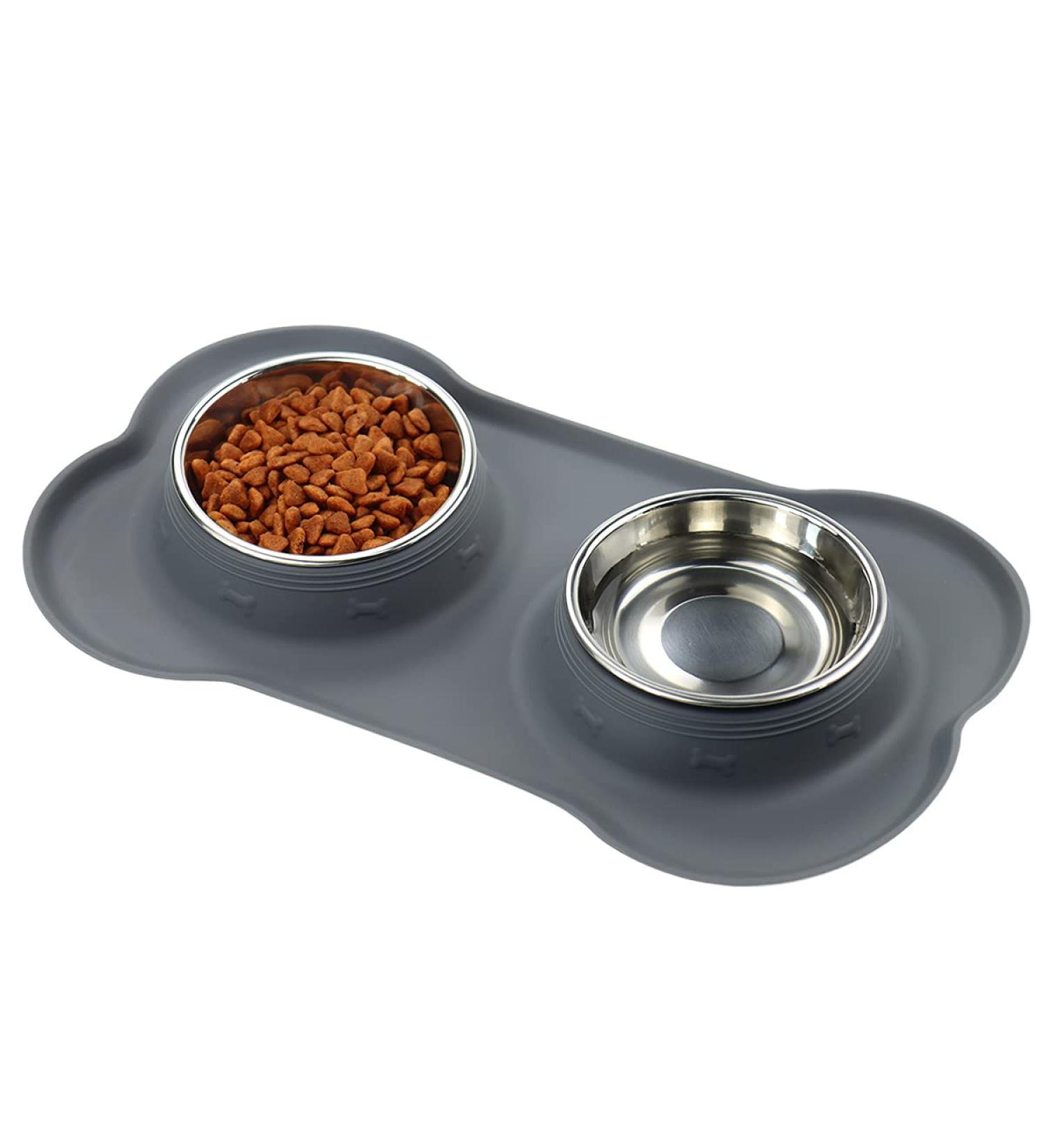 Stainless Steel Double Pet Feeder Bowls with Non-Skid Silicone Mat - Set of 2 Bowls for Dogs and Cats - Small-Medium Size - Grey - Buy Online on GoSupps.com