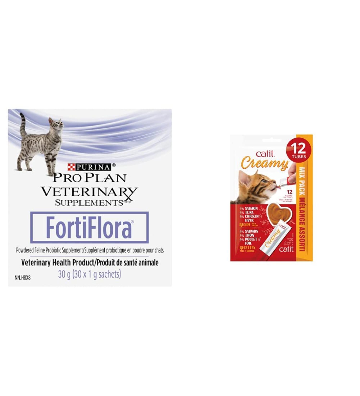 Pro Plan Veterinary Diets Purina Pro FortiFlora Probiotic Cat Supplement + Catit Creamy Lickable Cat Treat (Pack of 1)