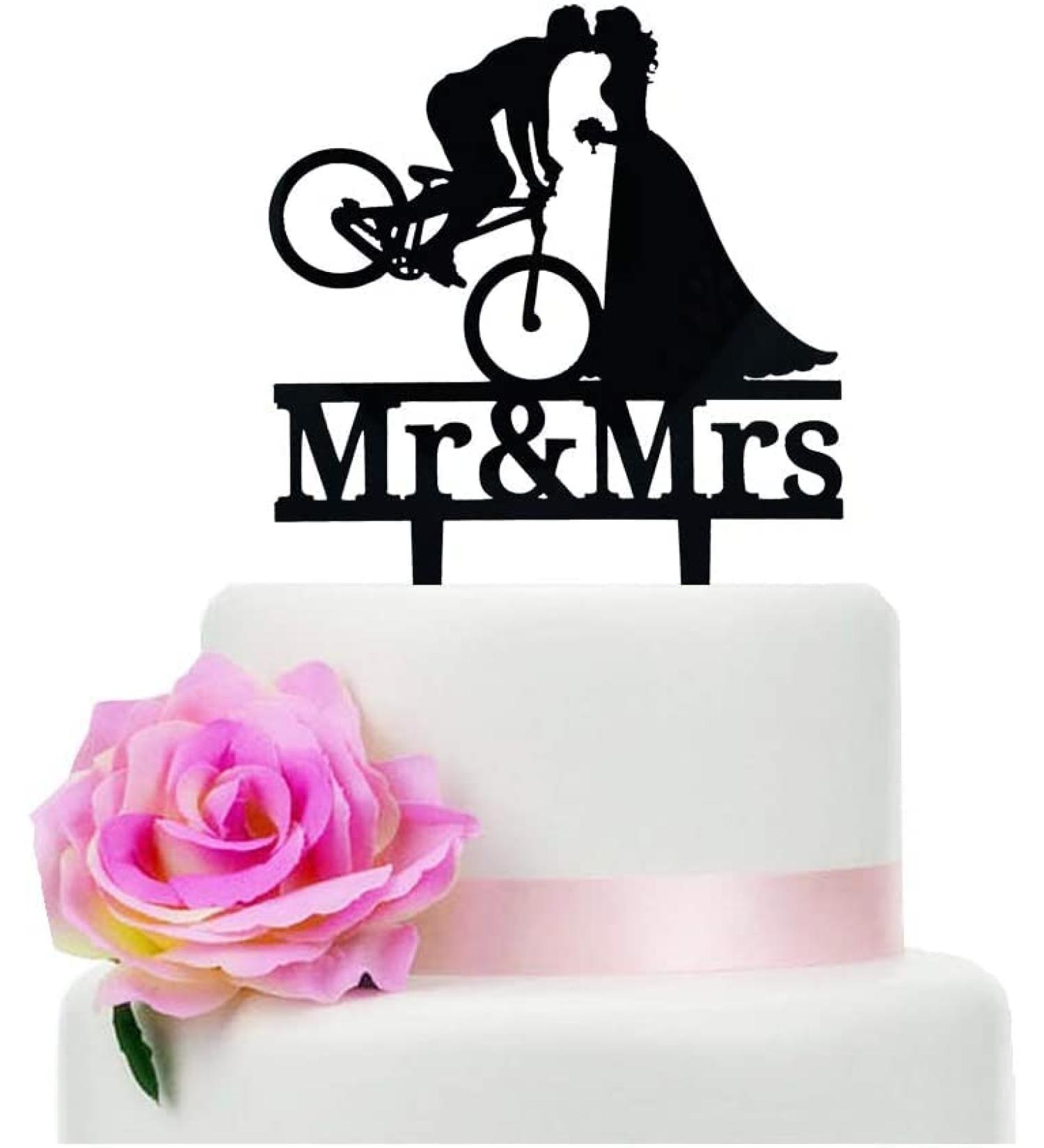 Bicycle Kissing Bride and Groom Wedding Cake Topper Black Acrylic Mr & Mrs Wedding Cake Topper Funny Wedding Cake Topper Bridal Shower Cake Topper - Buy Online on GoSupps.com