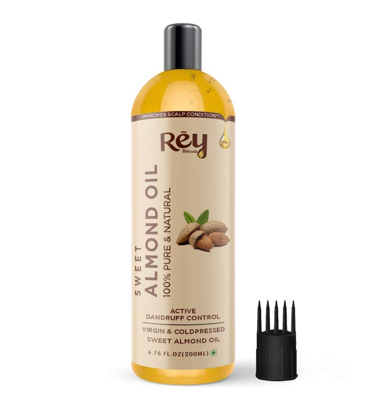 Rey Naturals Sweet Almond Oil - 100% Pure & Natural - Virgin & Cold Pressed - 200ml/6.67 Fl Oz - Hair & Skin Care - Buy Online on GoSupps.com