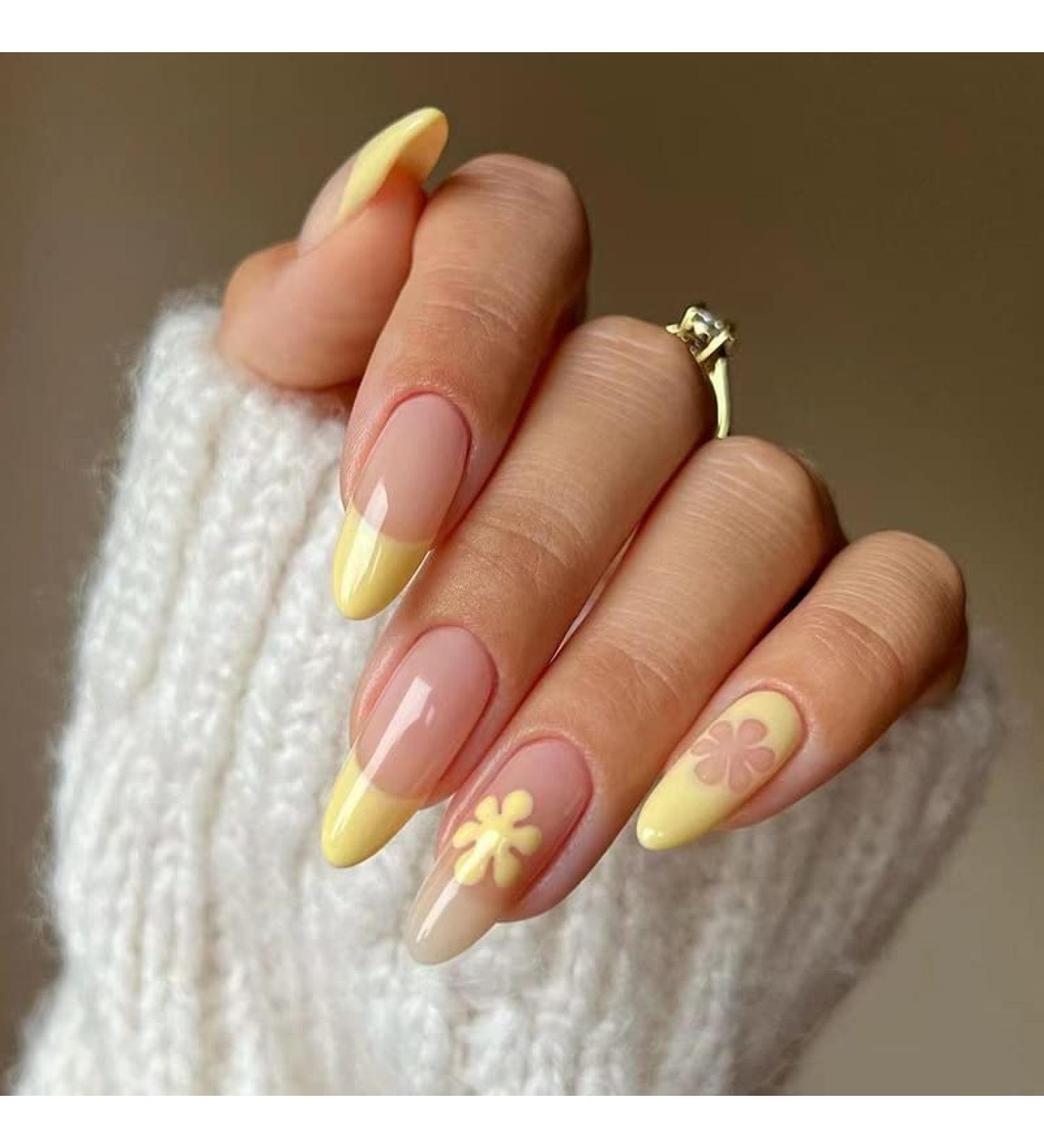 French Tip Press on Nails - Mid Length Press On Nails with Nail Tips Yellow Small Flower False Nail almond shaped Design press on nails Acrylic False Nails Cute Artificial Nails - Buy Online on GoSupps.com