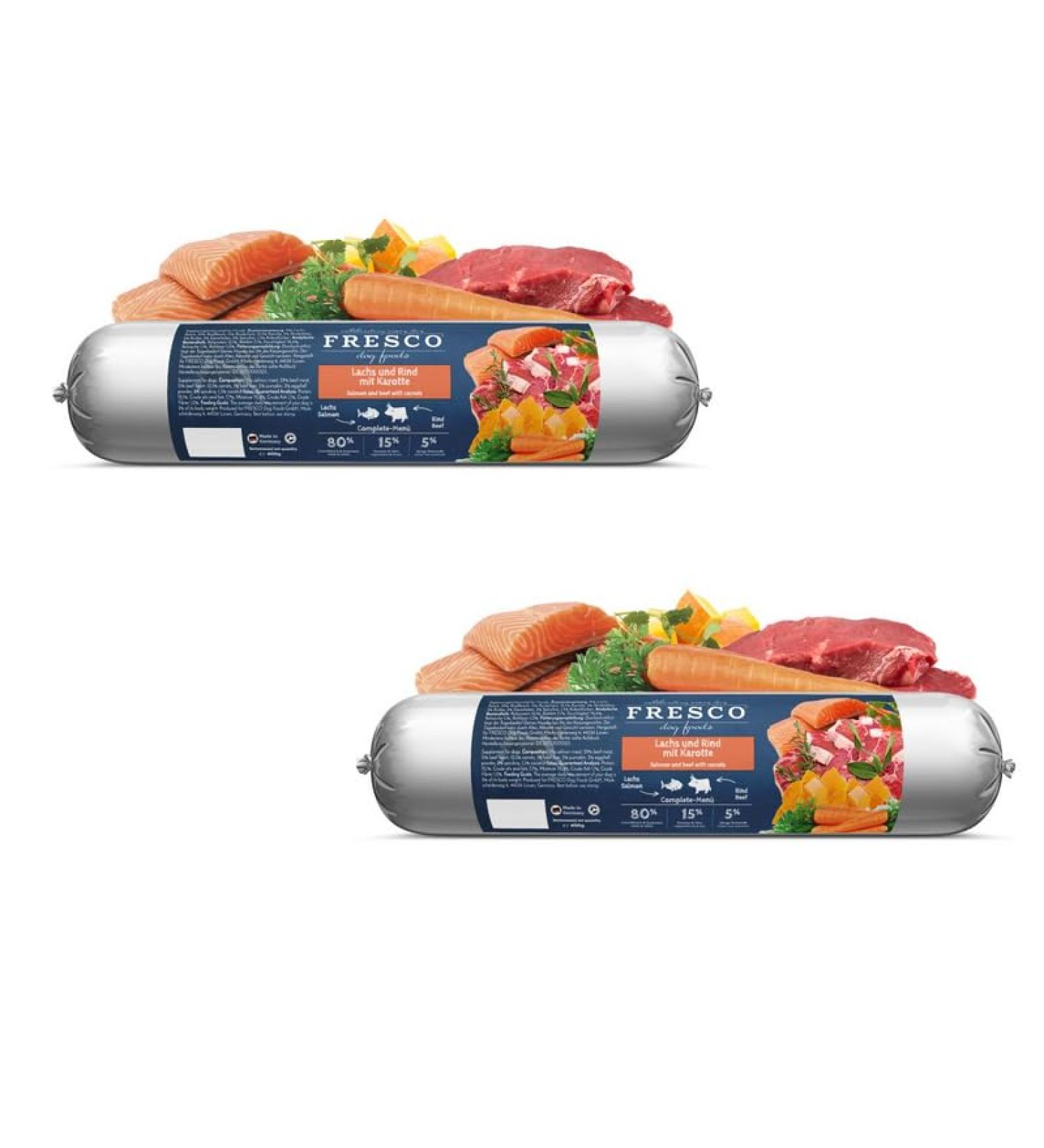 Fresco Dog Barf Sausage Menu Complete Salmon and Beef with Carrot | 2 Pack | 2 x 400g | Salmon & Beef Dog Food with Carrot | - Buy Online on GoSupps.com
