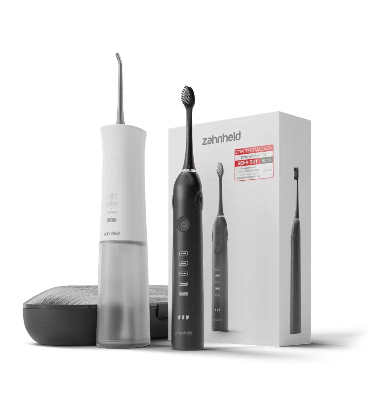 Zahnheld Super Set: Electrical Sound Toothbrush Gero + Aquadent Oral Shower | Includes Brush Head & Travel Case | Effective Tooth & Interdental Cleaning in White/Black - Buy Online on GoSupps.com