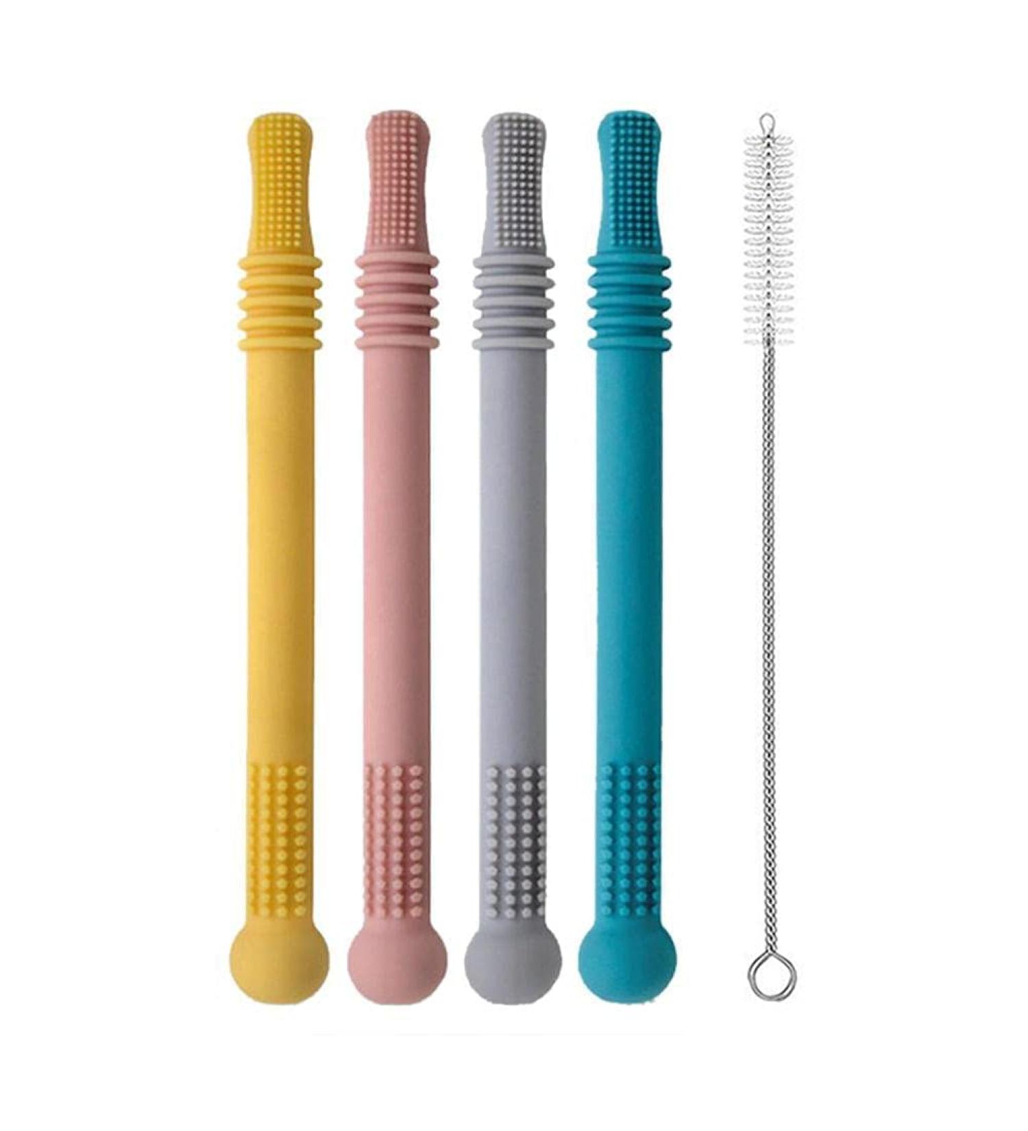 Buy BPA-Free Silicone Bite Ring & Chew Tubes for Babies - 4 Pack with Cleaning Brush | Safe Toddler Sensory Toys - Buy Online on GoSupps.com