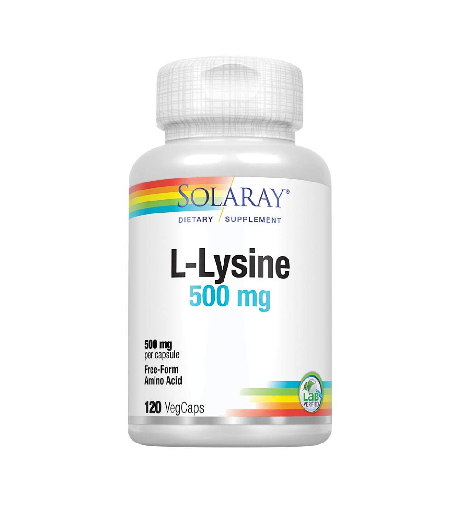 Solaray L-Lysine 500mg VegCaps - Supports Healthy Cognitive Function, Immune System, GI Function, Bones, Joints & Skin - Buy Online on GoSupps.com