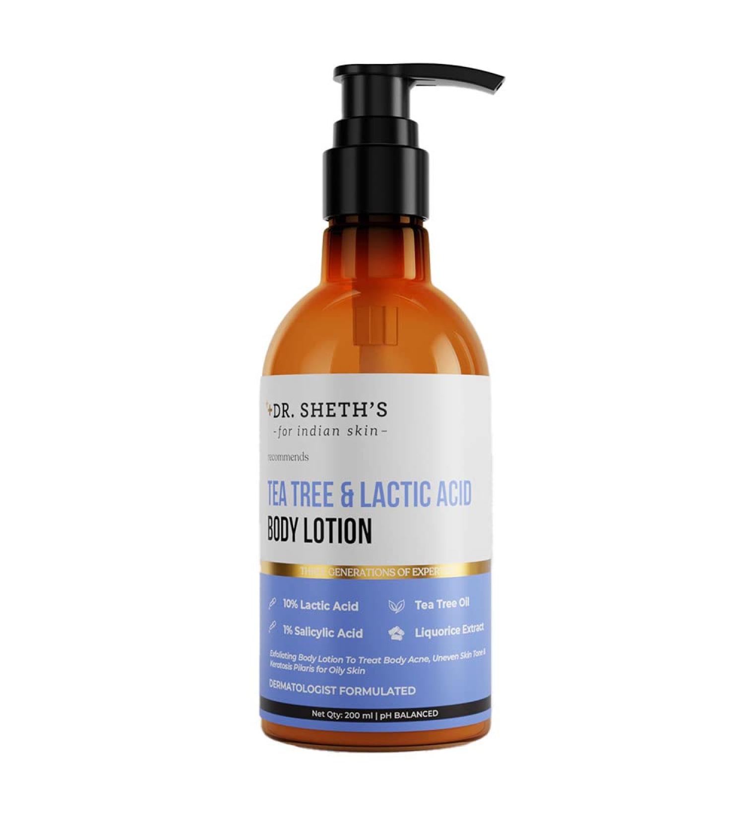 Dr. Sheth's Tea Tree & Lactic Acid Exfoliating Body Lotion | Reduces Body Acne & Smooths Bumpy Skin | Non Sticky Moisturizer for Oily to Normal Skin | Fragrance-Free | 6.76 Fl Oz/200 ml - Buy Online on GoSupps.com