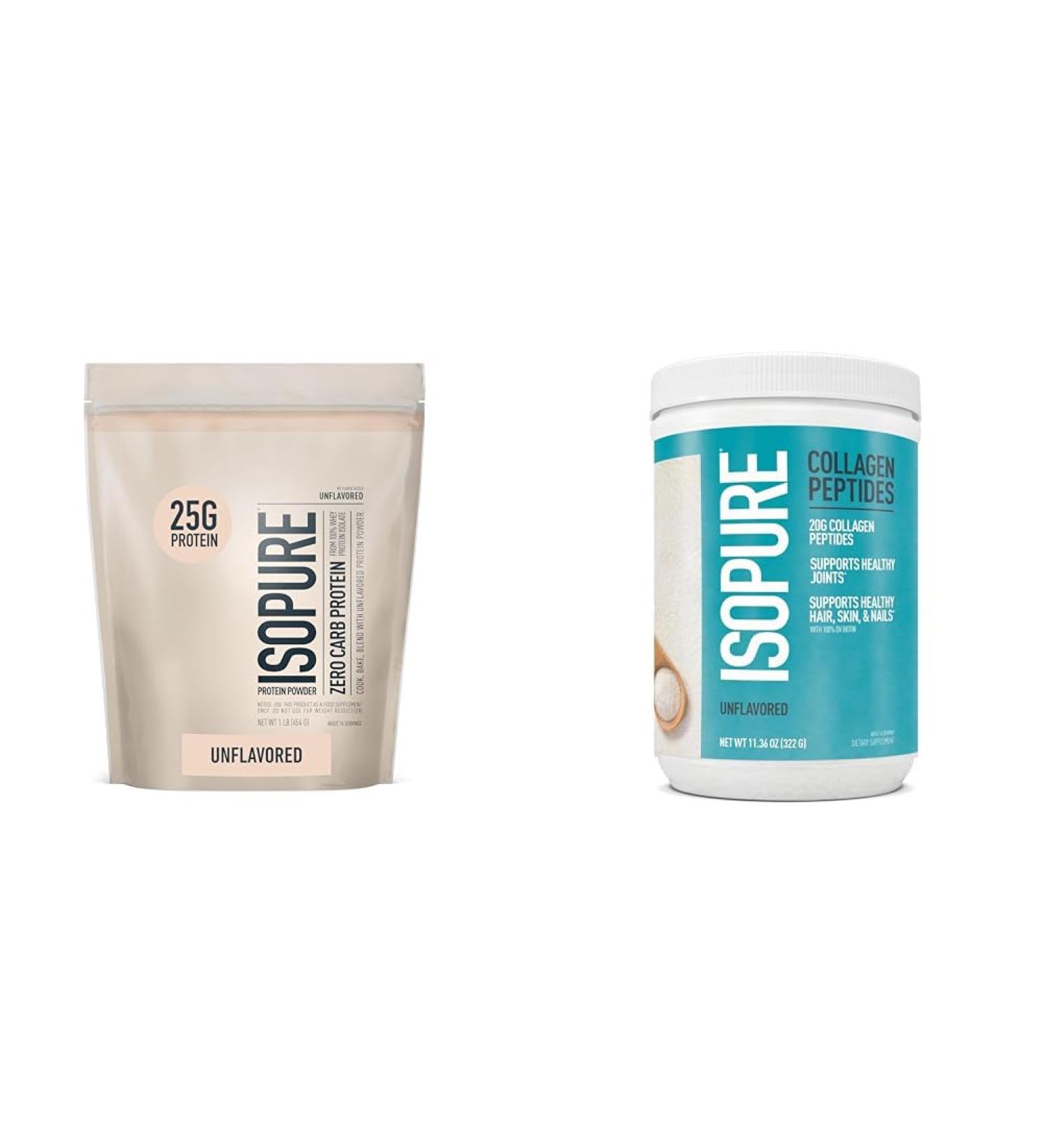 Bundle of Isopure Unflavored Whey Protein Isolate 25g Protein Zero Carb 16 Servings 1 Pound (Packaging May Vary) + Collagen Peptides Powder 14 Servings Unflavored with Vitamin C with Biotin - Buy Online on GoSupps.com